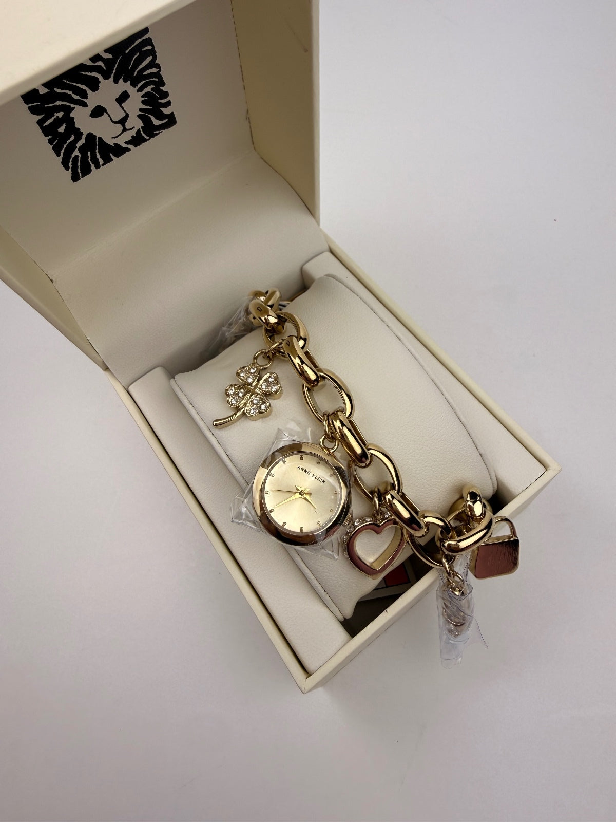 Anne Klein Gold Crystal Multi-Charm Bracelet Watch Heart Clover Key Heel NWT