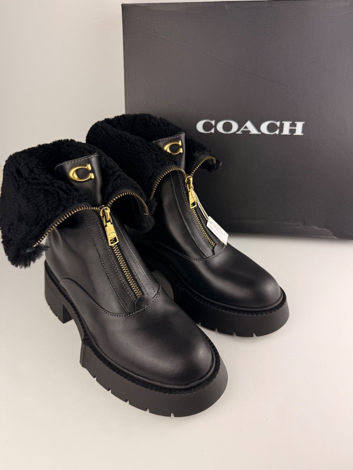 COACH Leah Genuine Shearling Trim Platform Zip Bootie Size 9 NEW WITH BOX