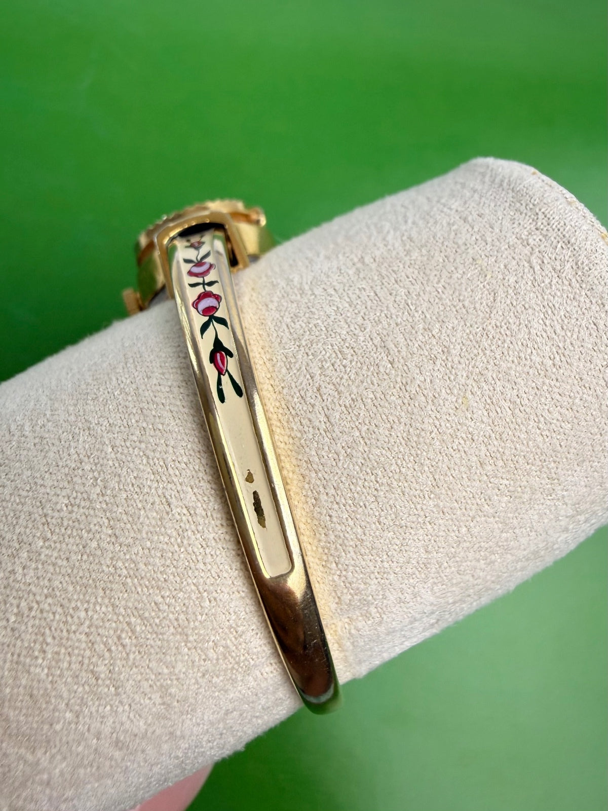 Vintage Swiss Made Peekaboo Hidden Watch Floral Enamel Gold Tone Bangle Bracelet PRE-OWNED