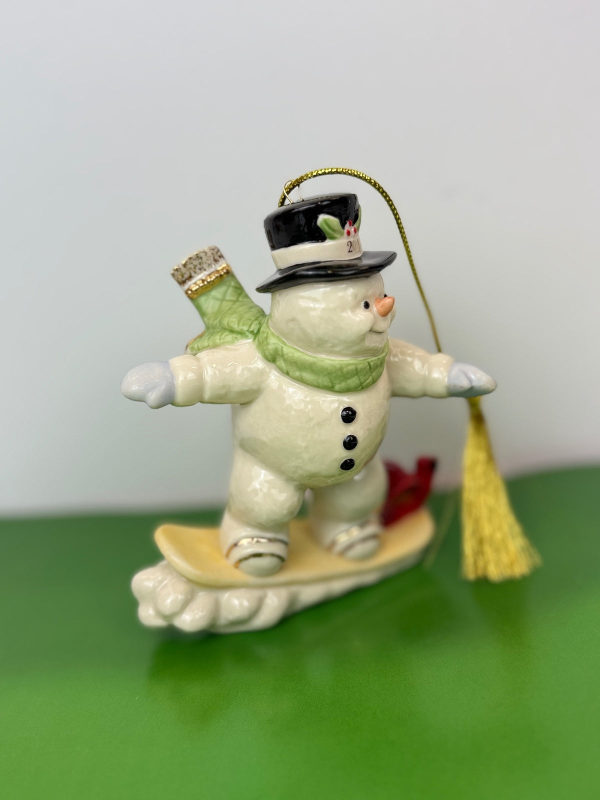 Lenox 2011 Annual Snowman Snowboarding Porcelain Christmas Ornament Cardinal PRE-OWNED