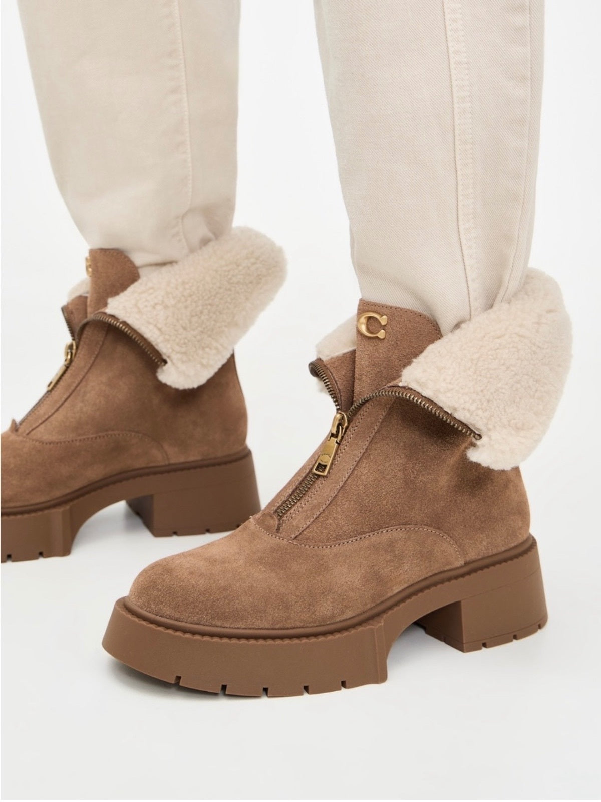 Coach Leah Platform Suede And Shearling Booties - Coconut/Natural Size 8.5