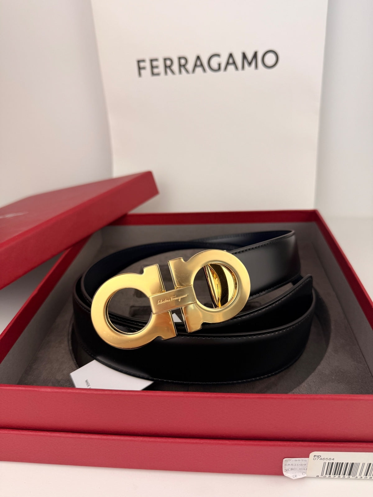 Ferragamo Men’s Reversible Leather Belt Gift Set Black Navy Adjustable Size 115 NWT FULL SET