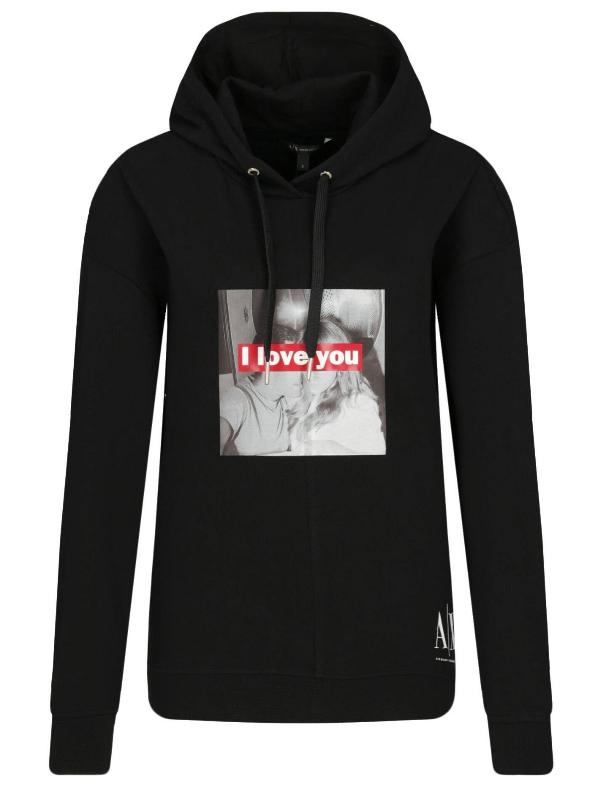 Armani Exchange Unisex M Black Graphic Hoodie Red Drawstring Pullover PRE-OWNED