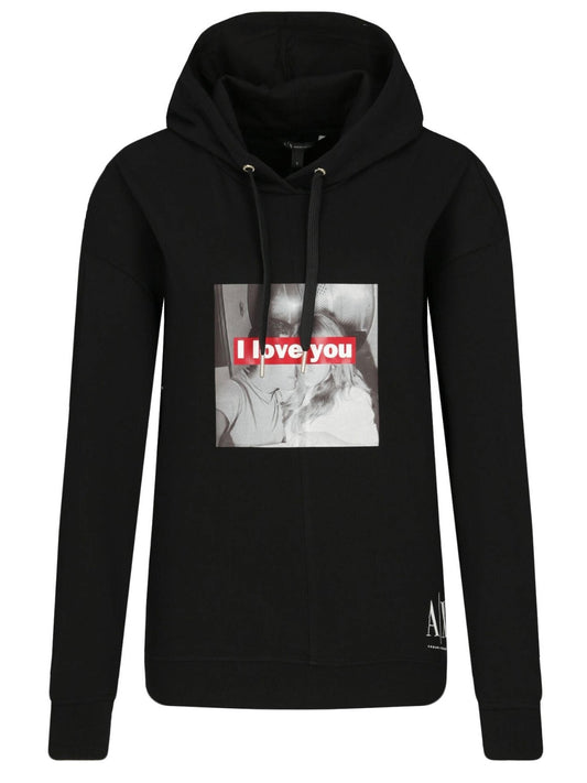 Armani Exchange Unisex M Black Graphic Hoodie Red Drawstring Pullover PRE-OWNED