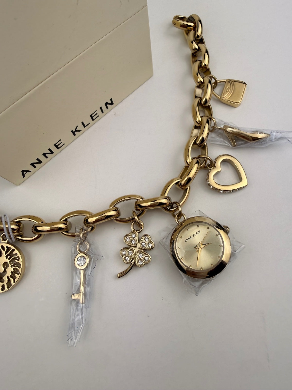 Anne Klein Gold Crystal Multi-Charm Bracelet Watch Heart Clover Key Heel NWT