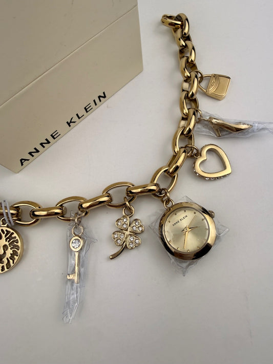 Anne Klein Gold Crystal Multi-Charm Bracelet Watch Heart Clover Key Heel NWT