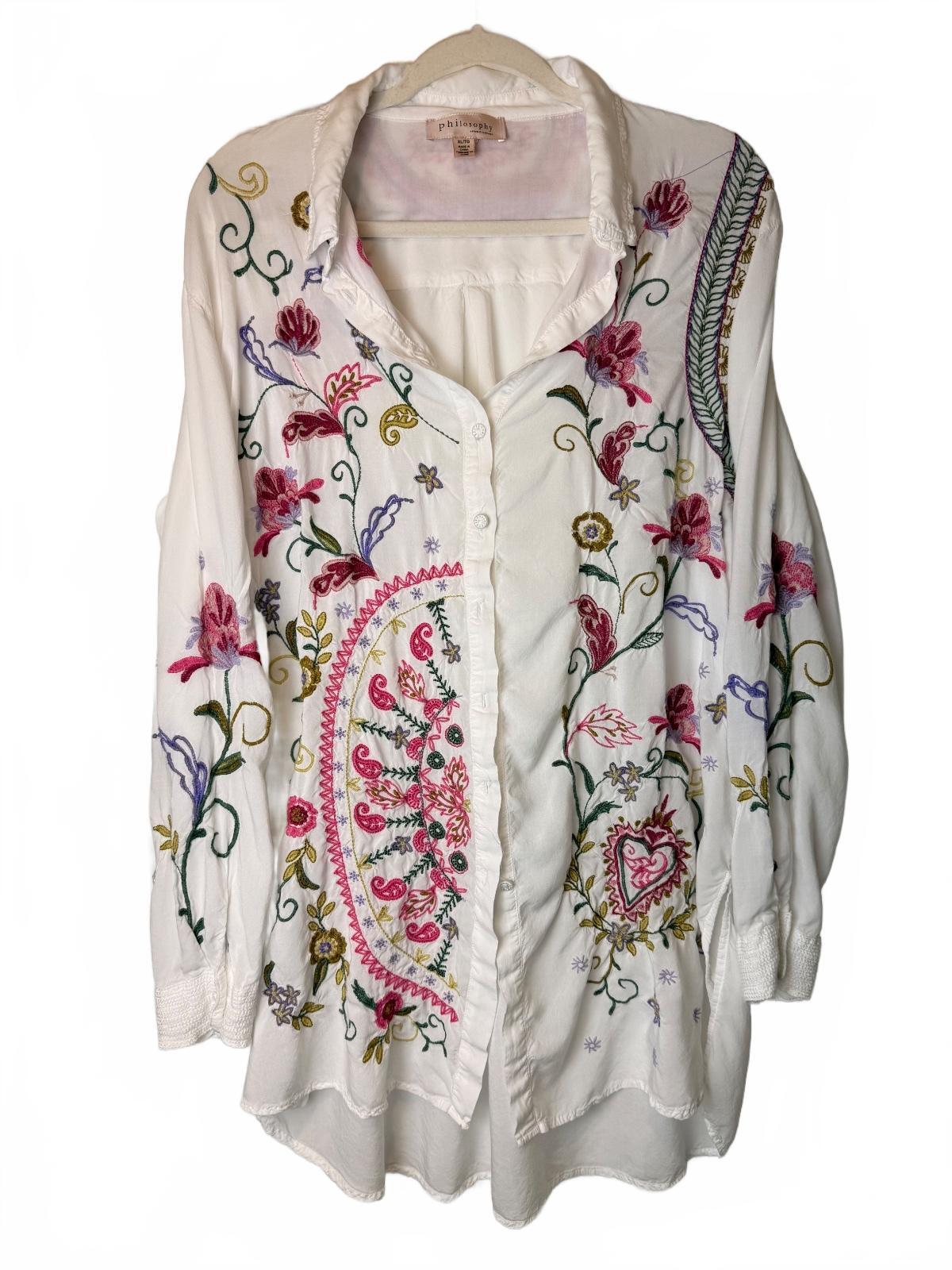 Philosophy Embroidered Boho Floral Tunic Shirt XL 100% Rayon