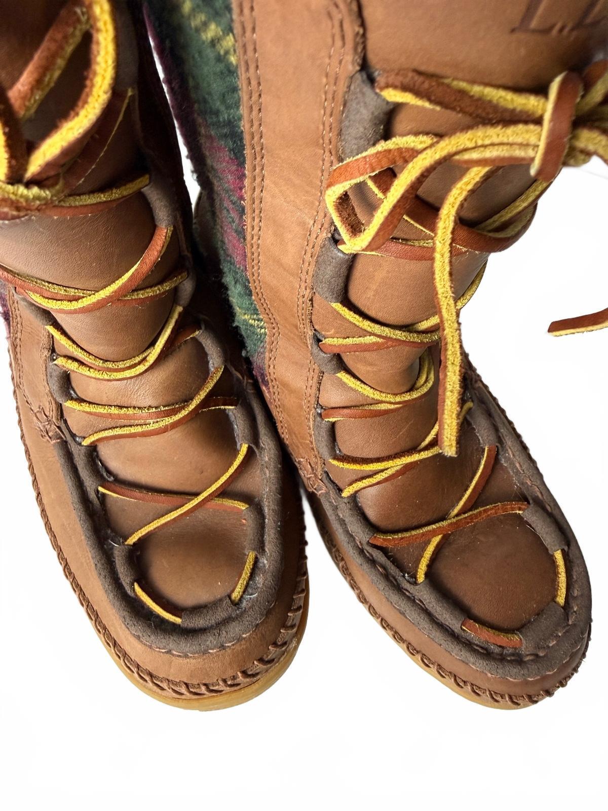 L.L.Bean Wicked Good Lodge Boots 10 M Brown Leather Wool Plaid Shearling Tall