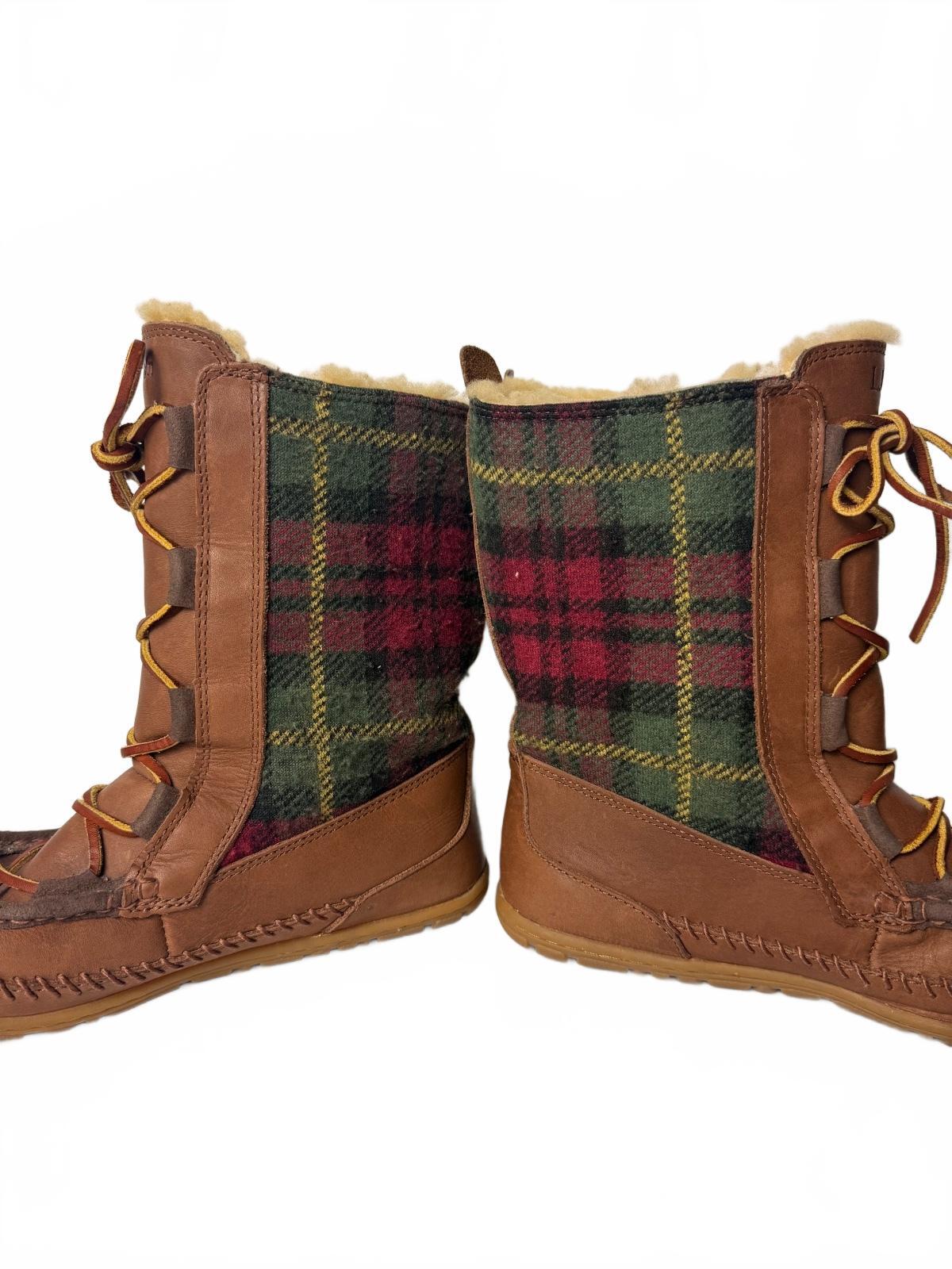 L.L.Bean Wicked Good Lodge Boots 10 M Brown Leather Wool Plaid Shearling Tall
