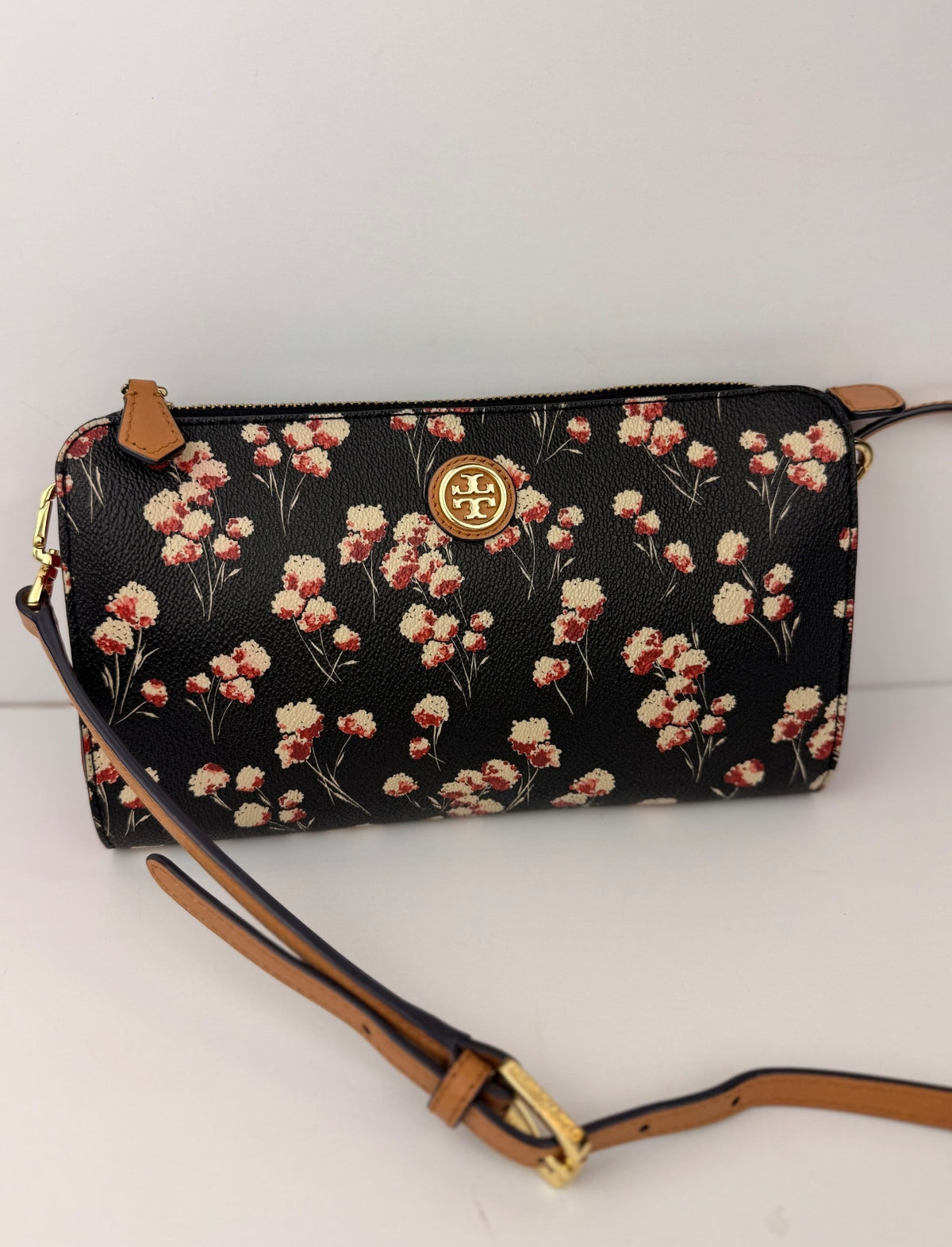 Tory Burch Kerrington Floral Crossbody Bag Black Red Gold Logo PRE-OWNED