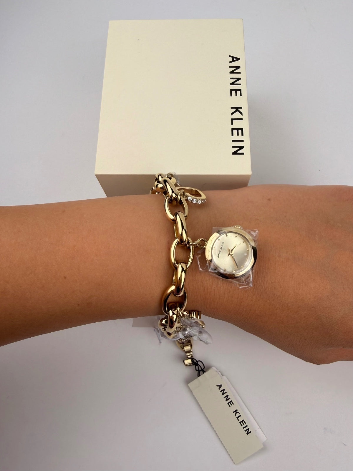 Anne Klein Gold Crystal Multi-Charm Bracelet Watch Heart Clover Key Heel NWT