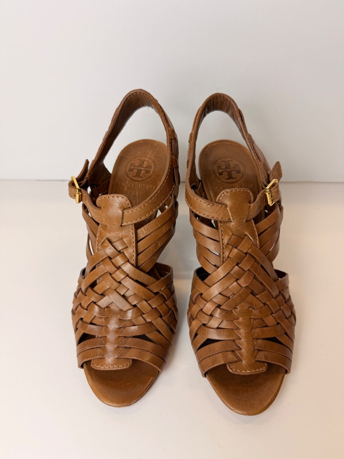 Tory Burch Nadia Tan Leather Woven Huarache Slingback Heels Sandals Size 7.5 PRE-OWNED