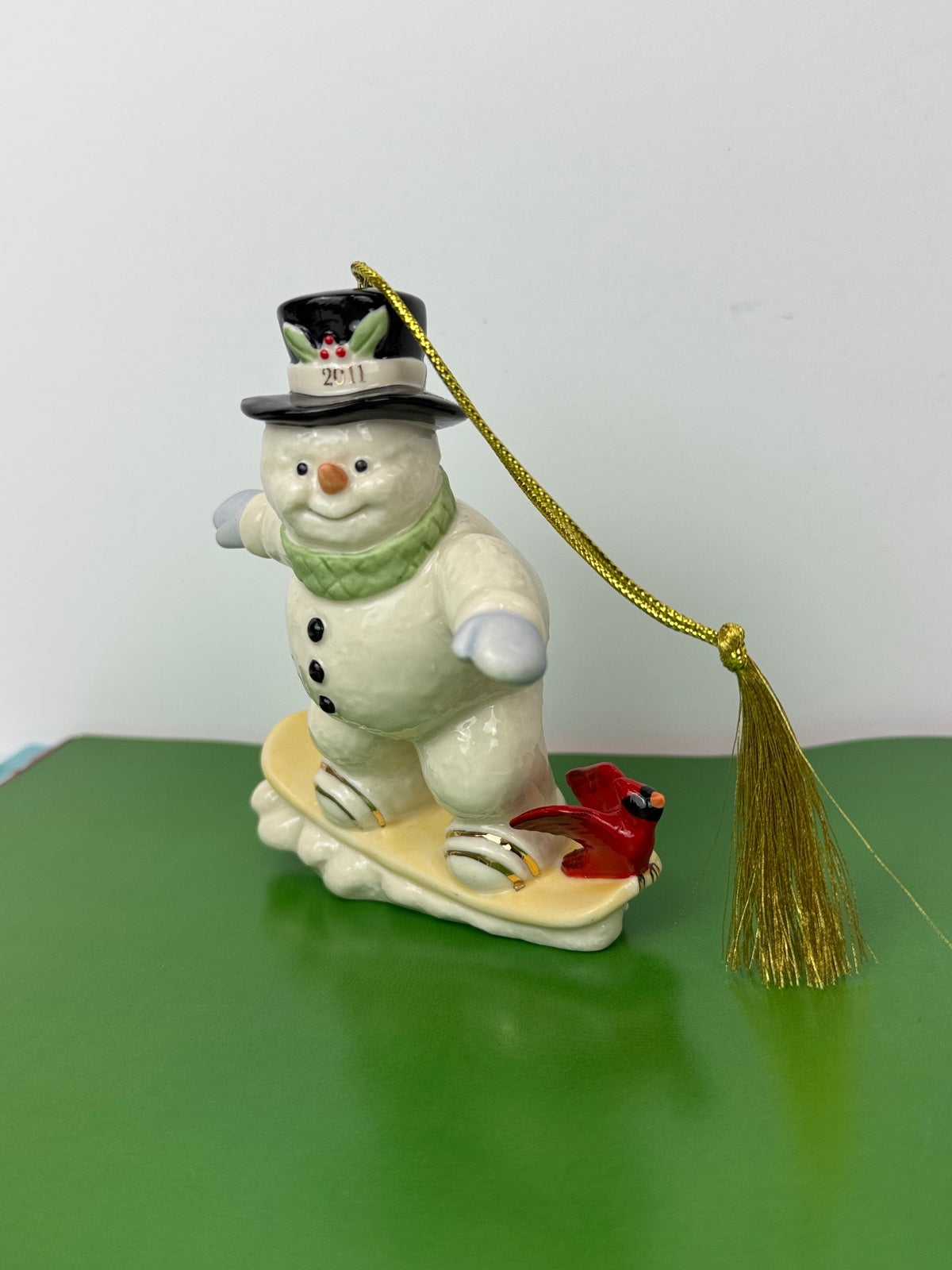Lenox 2011 Annual Snowman Snowboarding Porcelain Christmas Ornament Cardinal PRE-OWNED