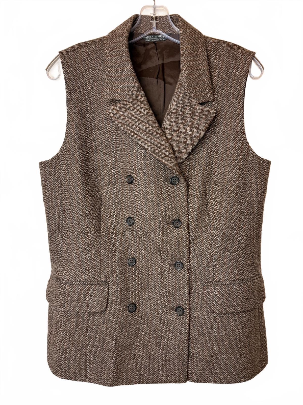 Vintage Laura Ashley 100% Wool Herringbone Double Breasted Vest (10) Made in UK PRE-OWNED (LIKE NEW)