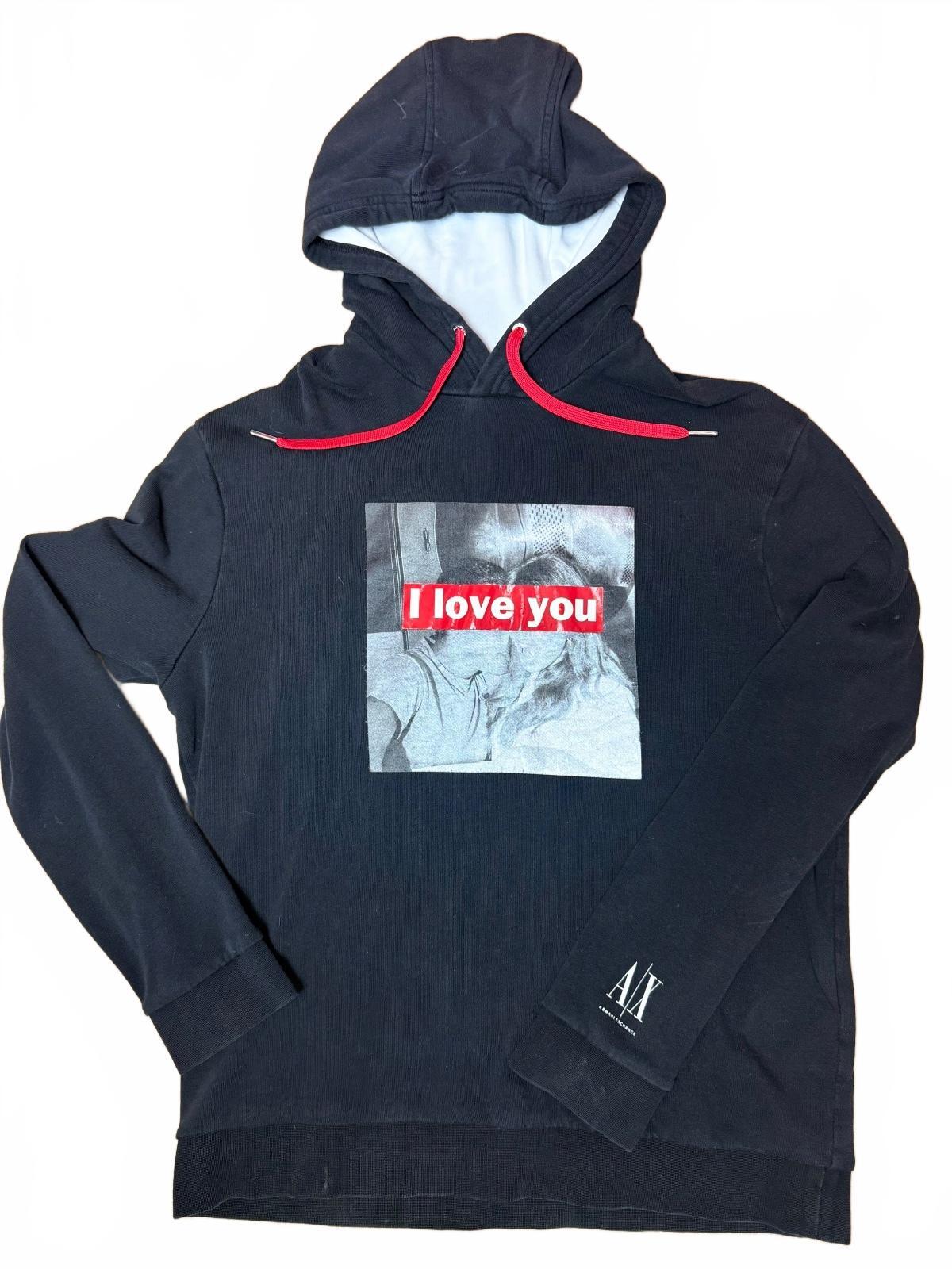 Armani Exchange Unisex M Black Graphic Hoodie Red Drawstring Pullover PRE-OWNED