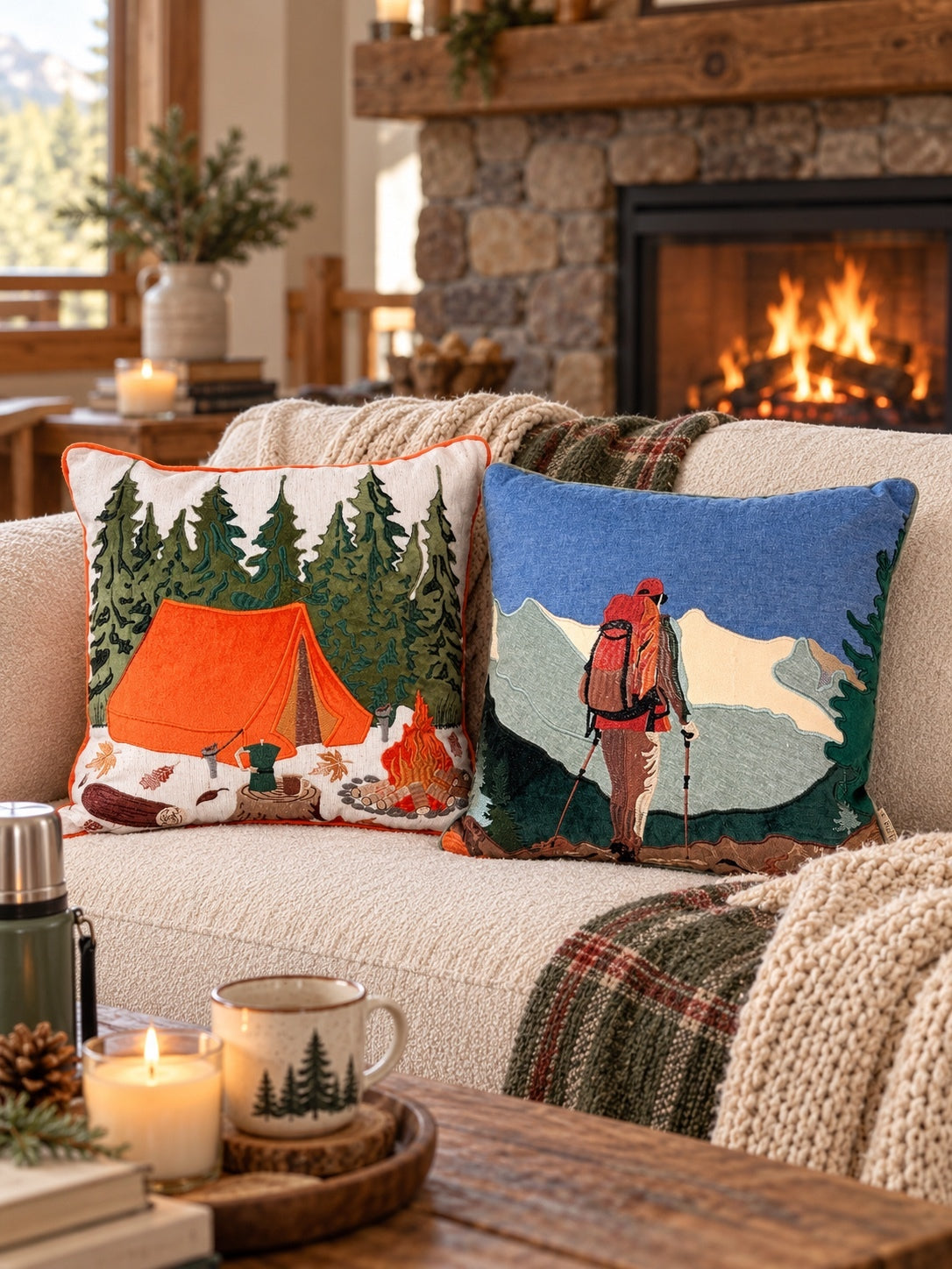 Premium Embroidered Decorative Pillows Set of 2 Rustic Mountain Cabin Lodge