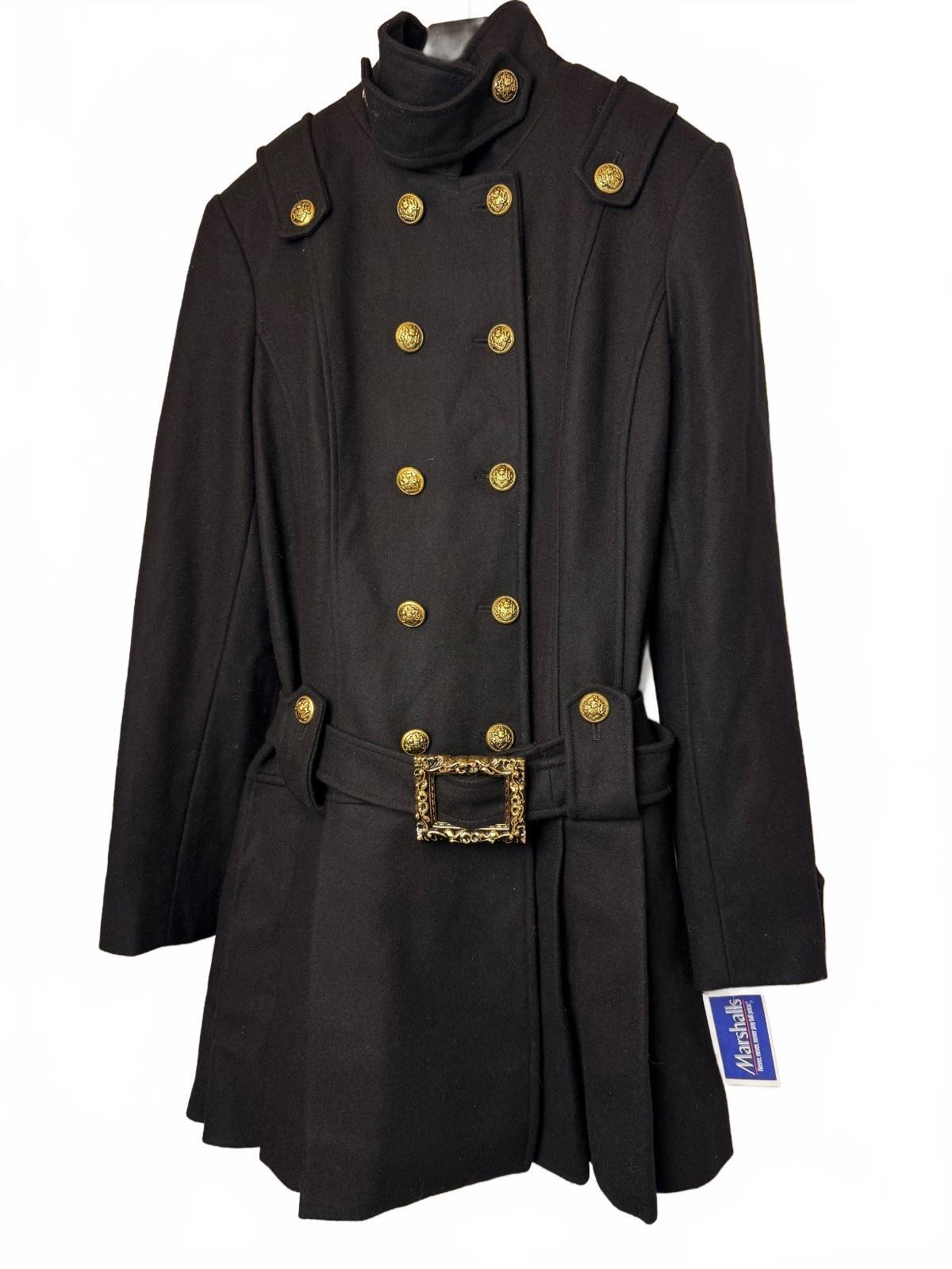 GUESS Y2K Black Wool Blend Military Double Breasted Belted Coat Gold Buttons L