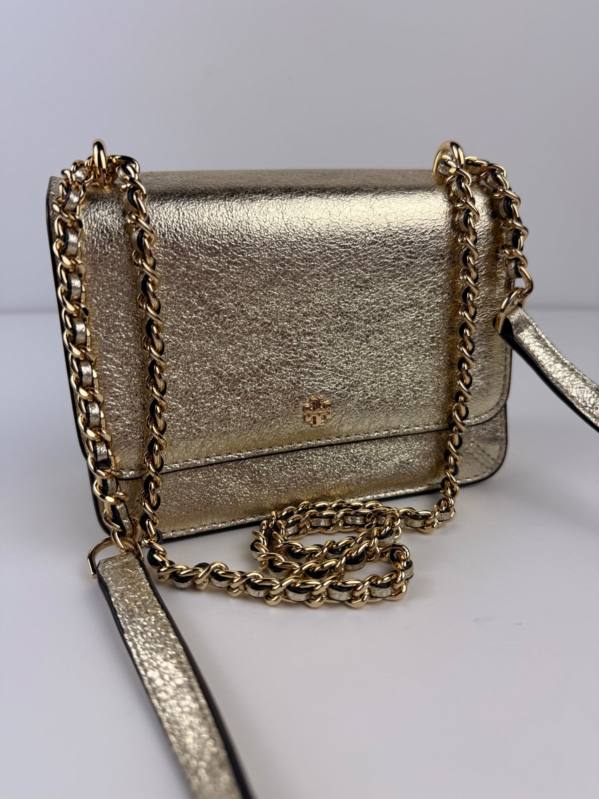 Tory Burch NWT Crinkle Metallic Mini Shoulder Bag Spark Gold 35629 Storage Marks