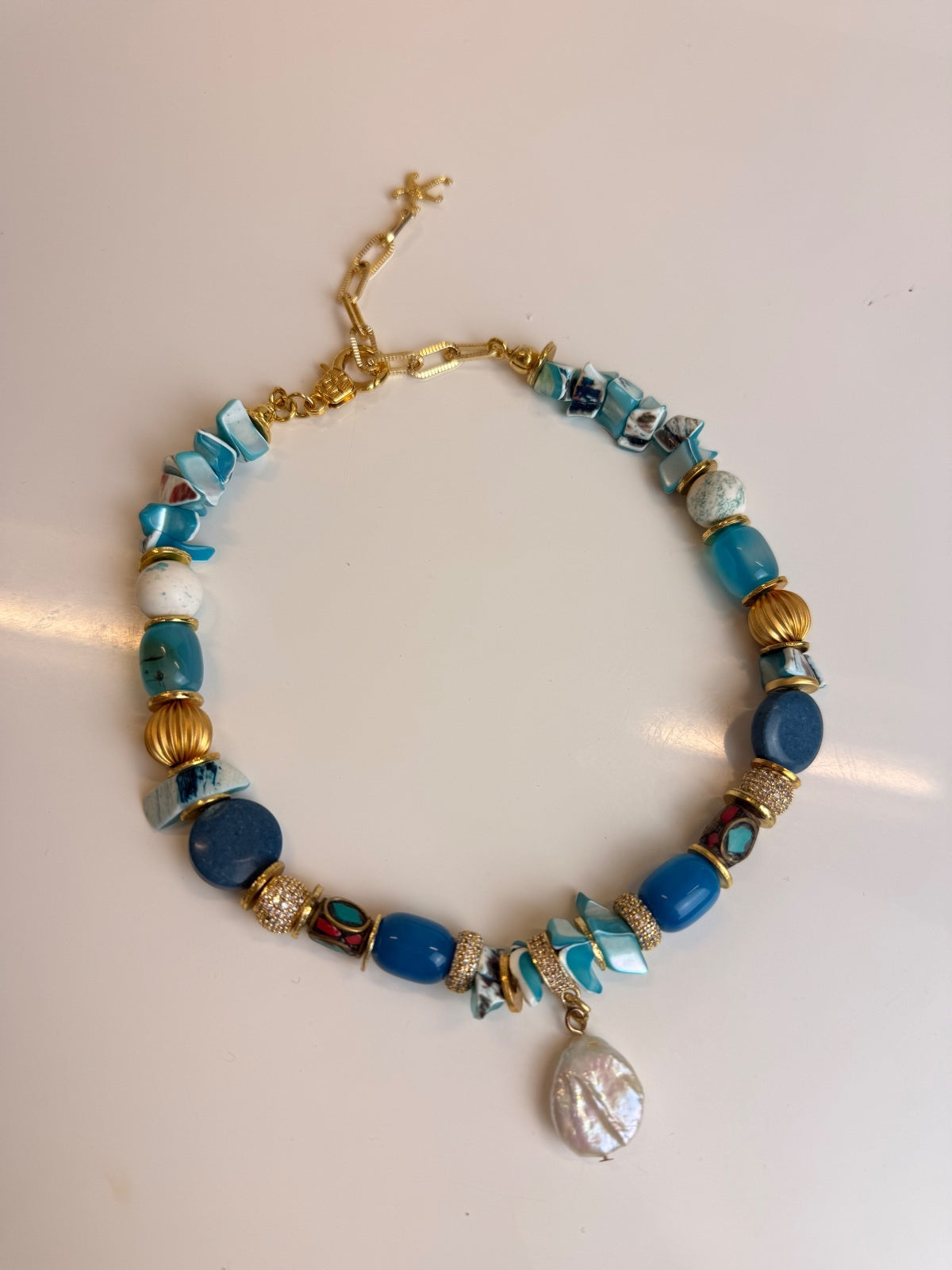 Handmade Natural Stone Statement Necklace with Pearl Drop Gold Tone Boho Luxe