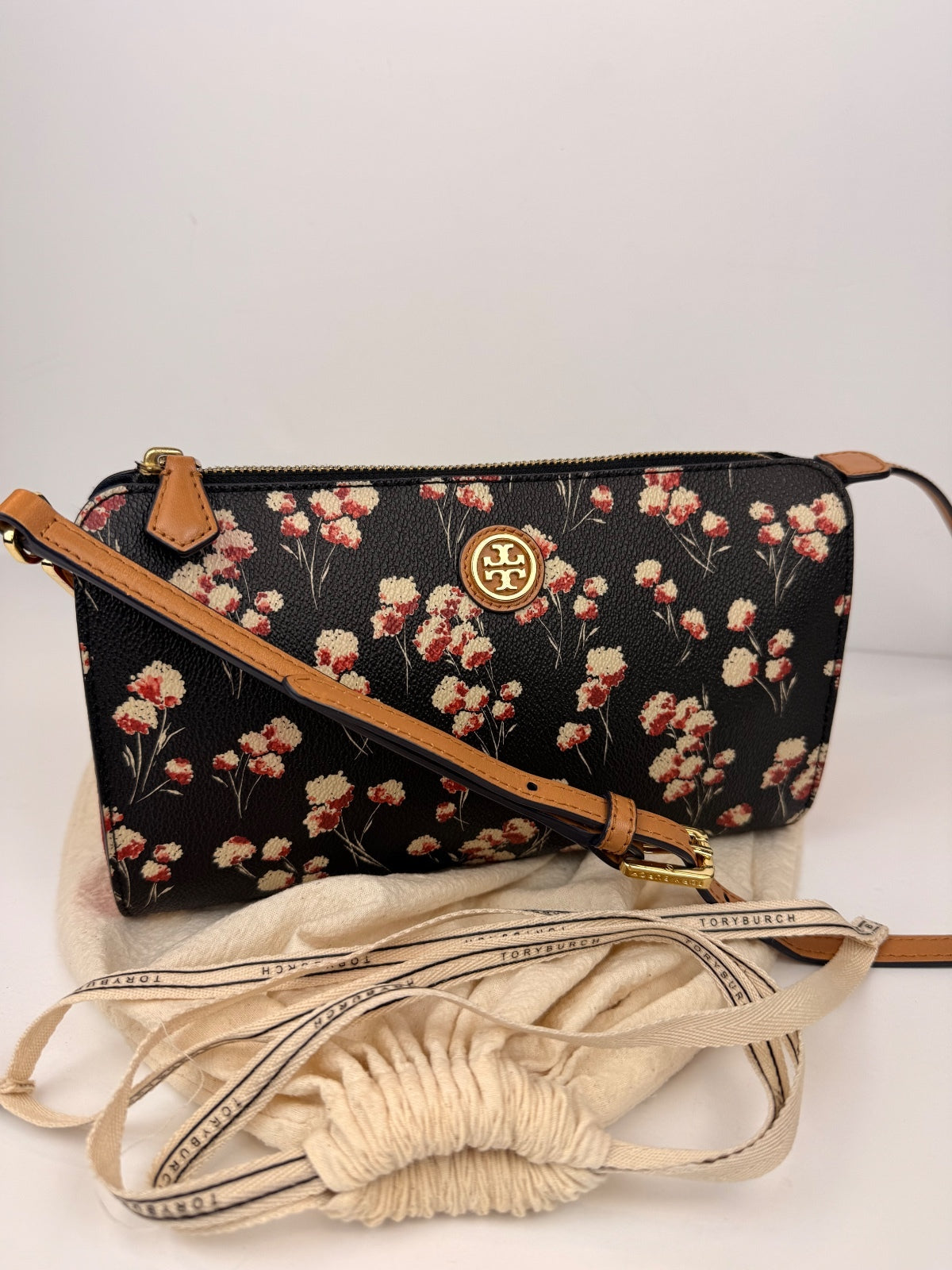 Tory Burch Kerrington Floral Crossbody Bag Black Red Gold Logo PRE-OWNED