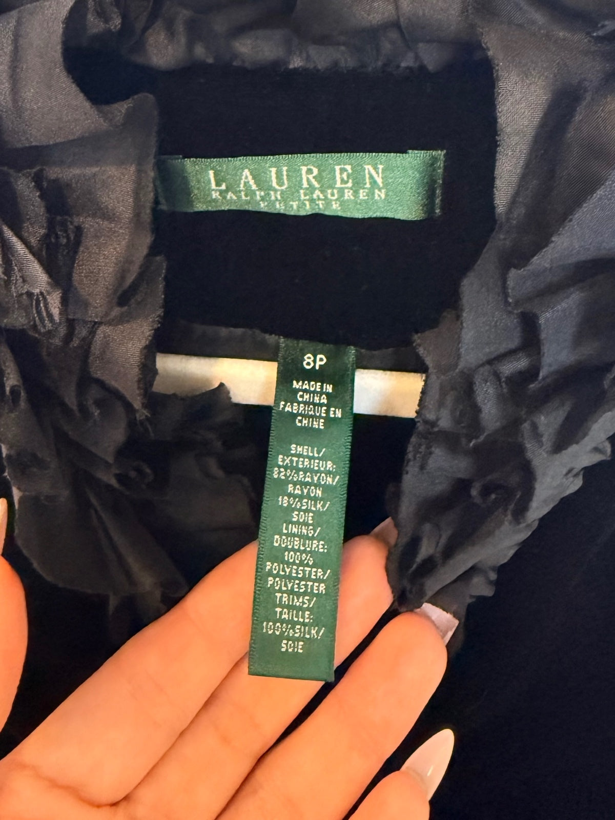 Lauren Ralph Lauren Black Velvet Silk Ruffle Riding Jacket Blazer Size 8P PRE-OWNED