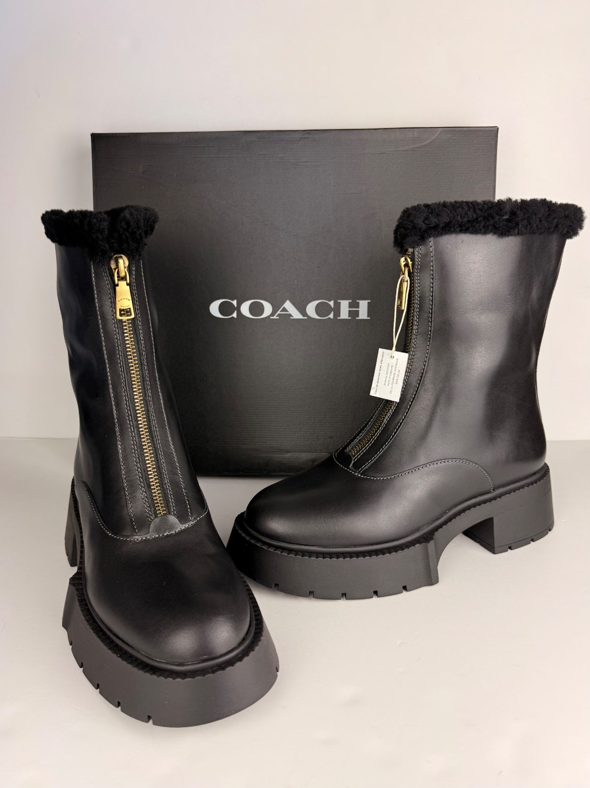 COACH Leah Genuine Shearling Trim Platform Zip Bootie Size 9 NEW WITH BOX