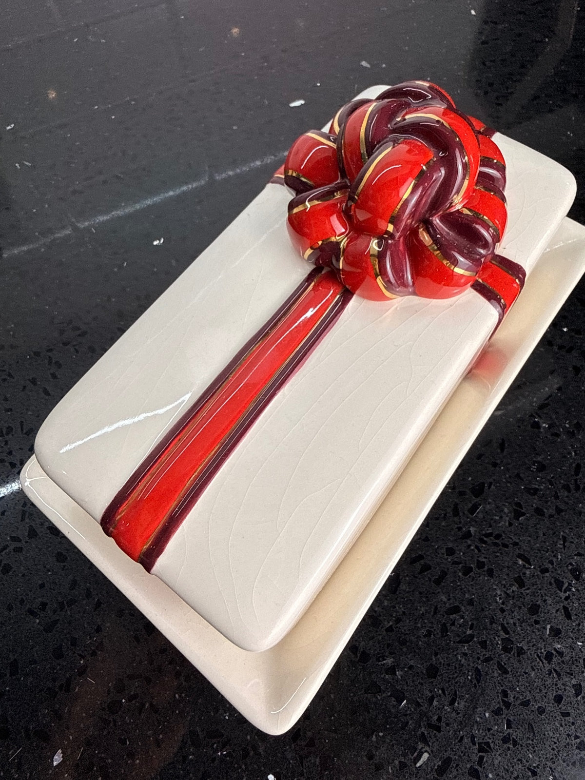 Grasslands Road Retired Christmas Ceramic Butter Dish Red Bow Holiday Decor