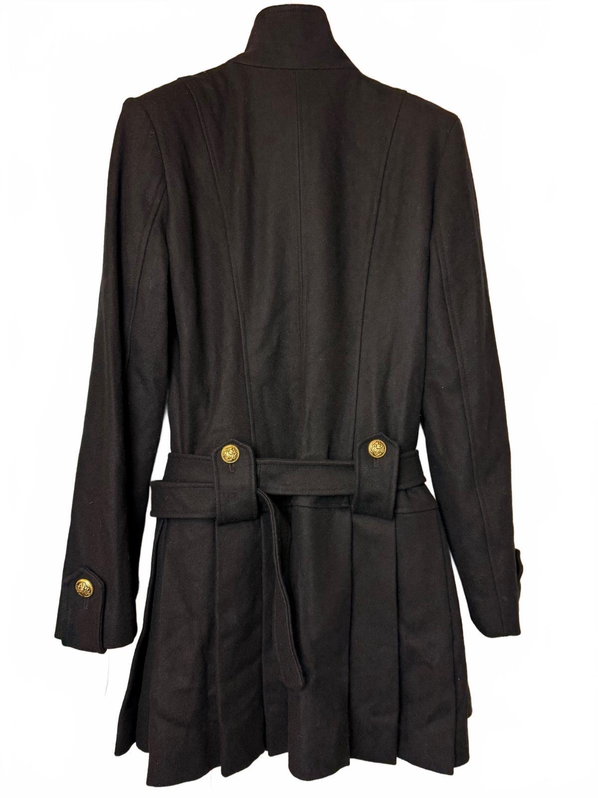 GUESS Y2K Black Wool Blend Military Double Breasted Belted Coat Gold Buttons L