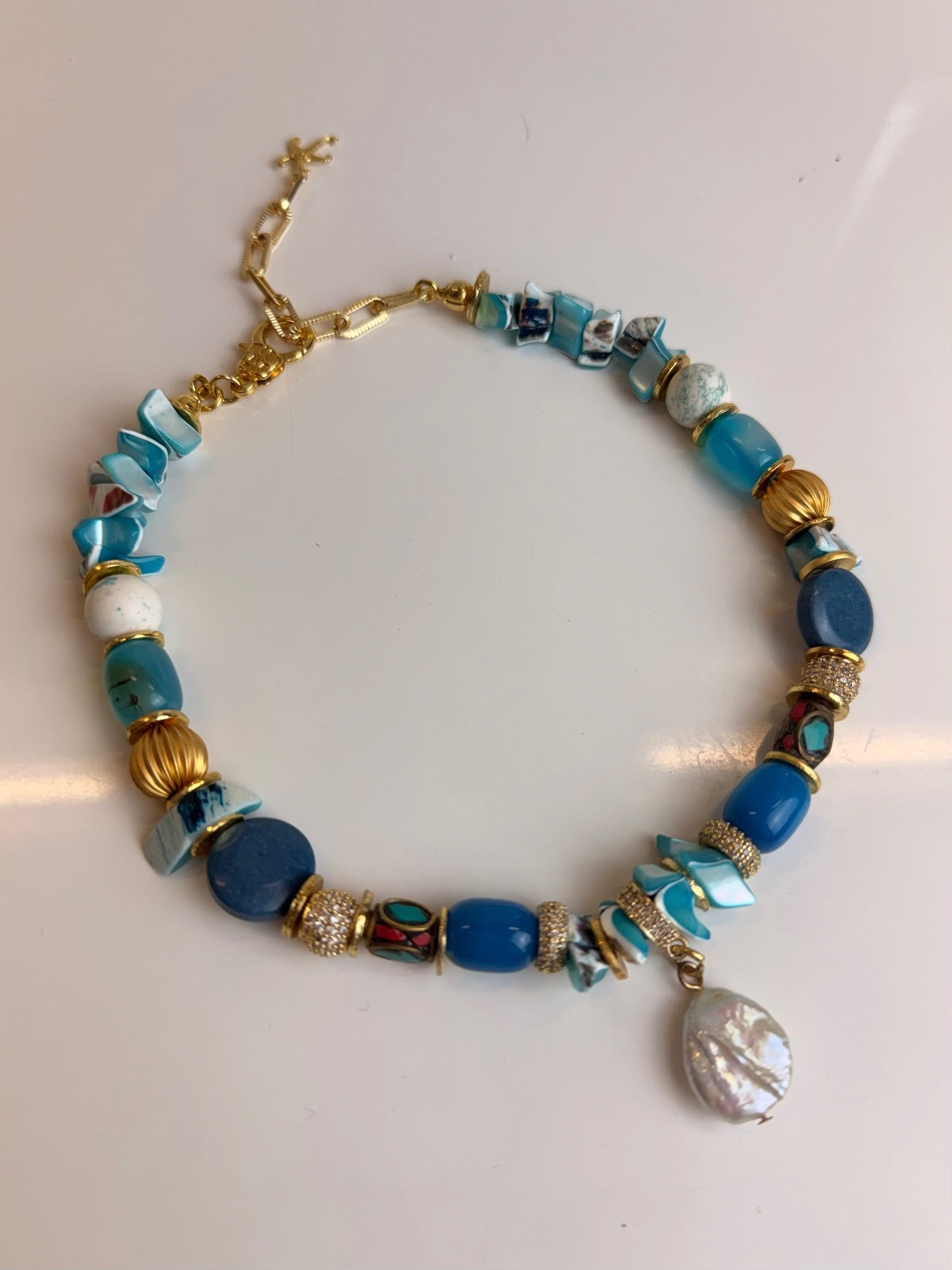 Handmade Natural Stone Statement Necklace with Pearl Drop Gold Tone Boho Luxe