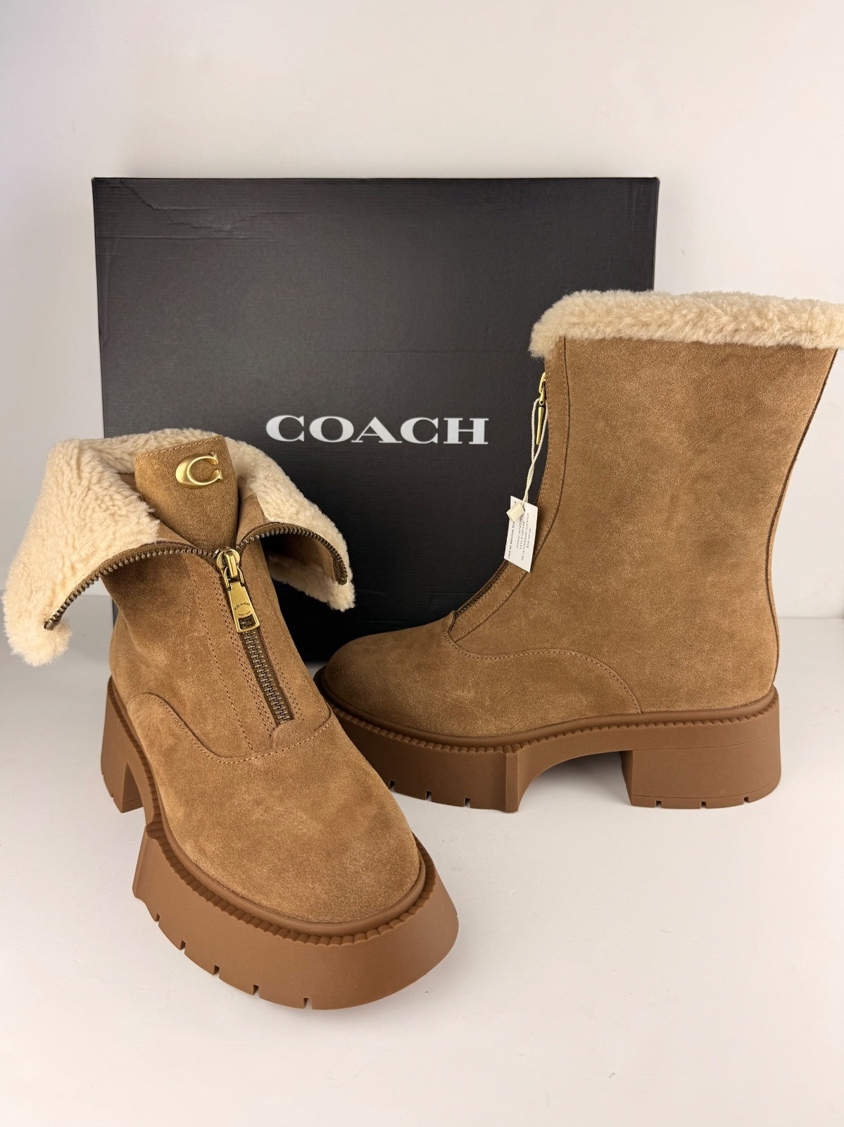Coach Leah Platform Suede And Shearling Booties - Coconut/Natural Size 8.5