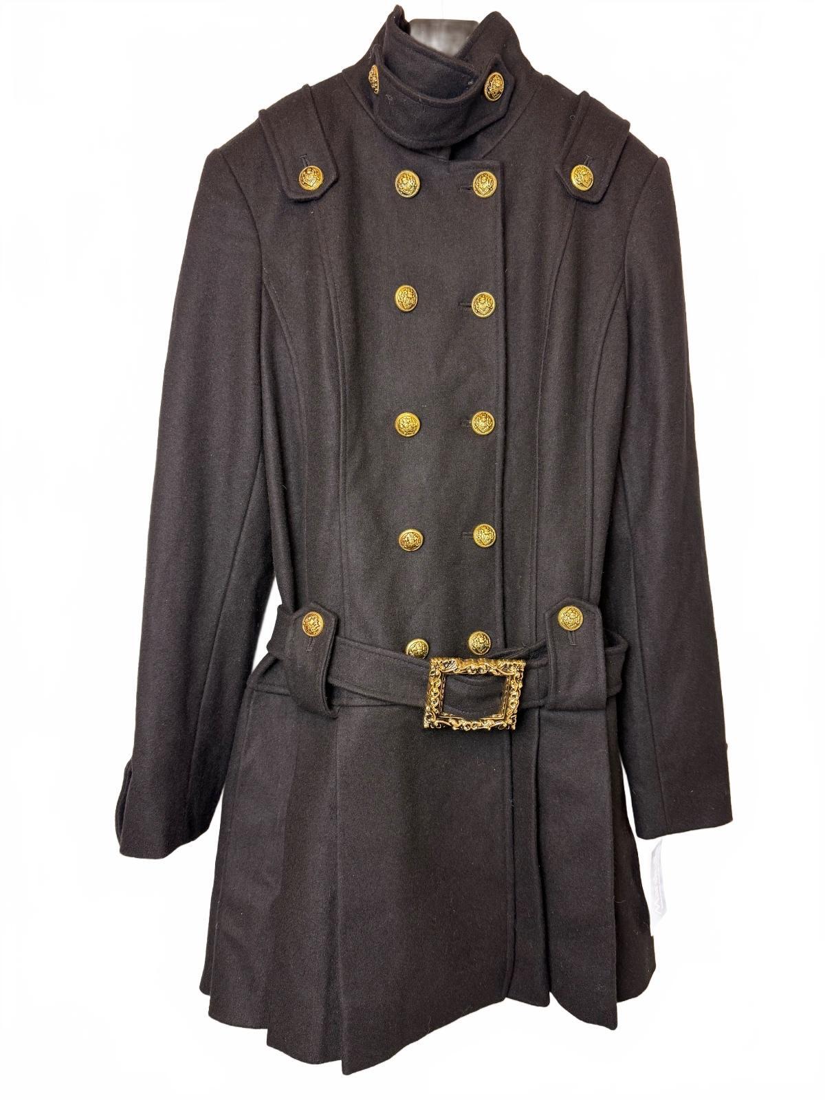GUESS Y2K Black Wool Blend Military Double Breasted Belted Coat Gold Buttons L