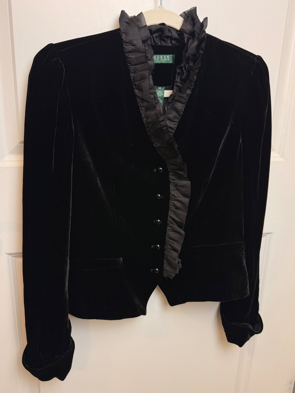 Lauren Ralph Lauren Black Velvet Silk Ruffle Riding Jacket Blazer Size 8P PRE-OWNED
