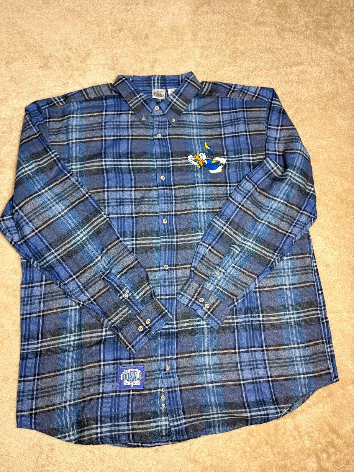 Vintage Disney Donald Duck Blue Plaid Flannel Button Down Shirt XL 100% Cotton NWOT