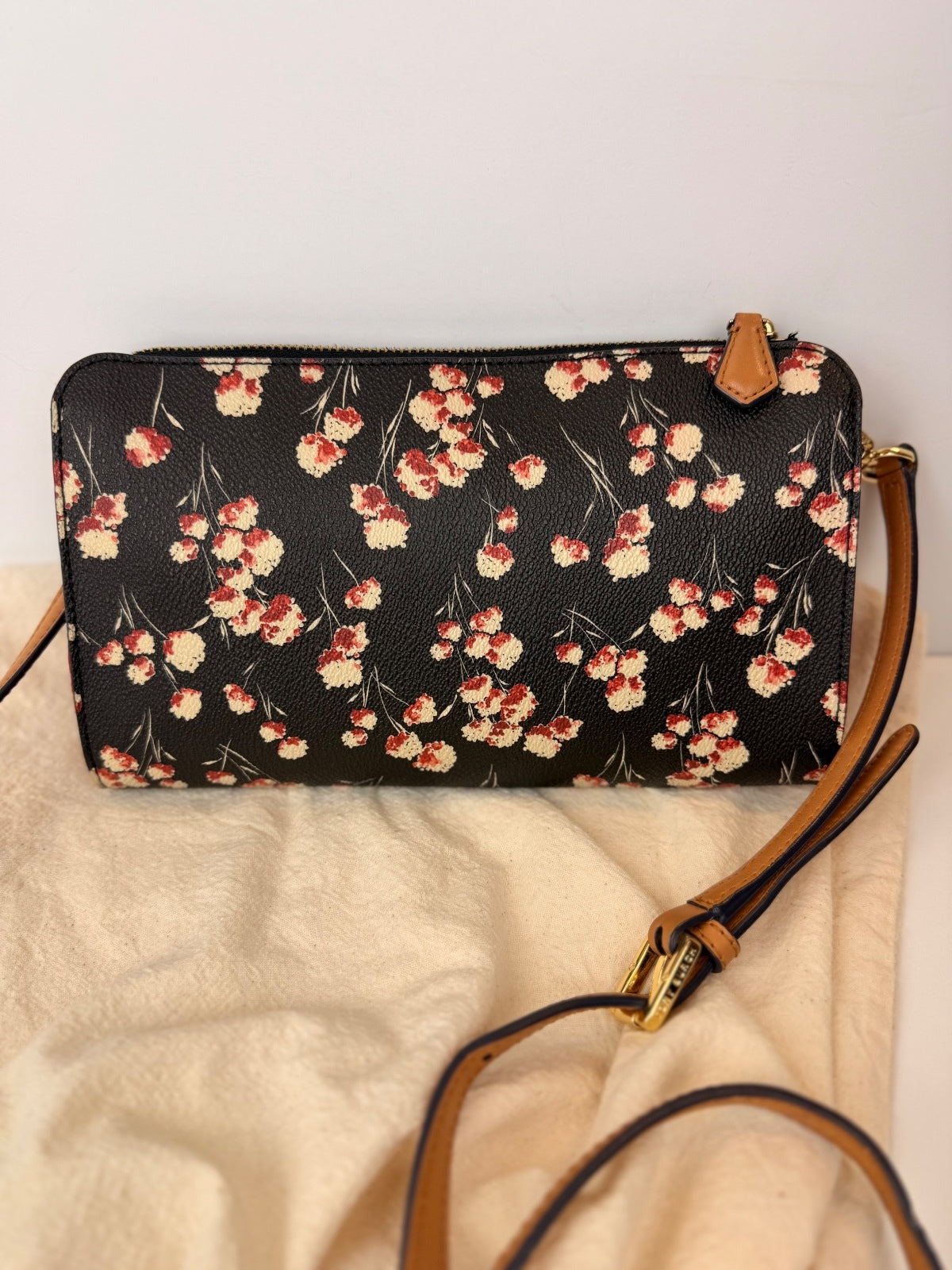 Tory Burch Kerrington Floral Crossbody Bag Black Red Gold Logo PRE-OWNED
