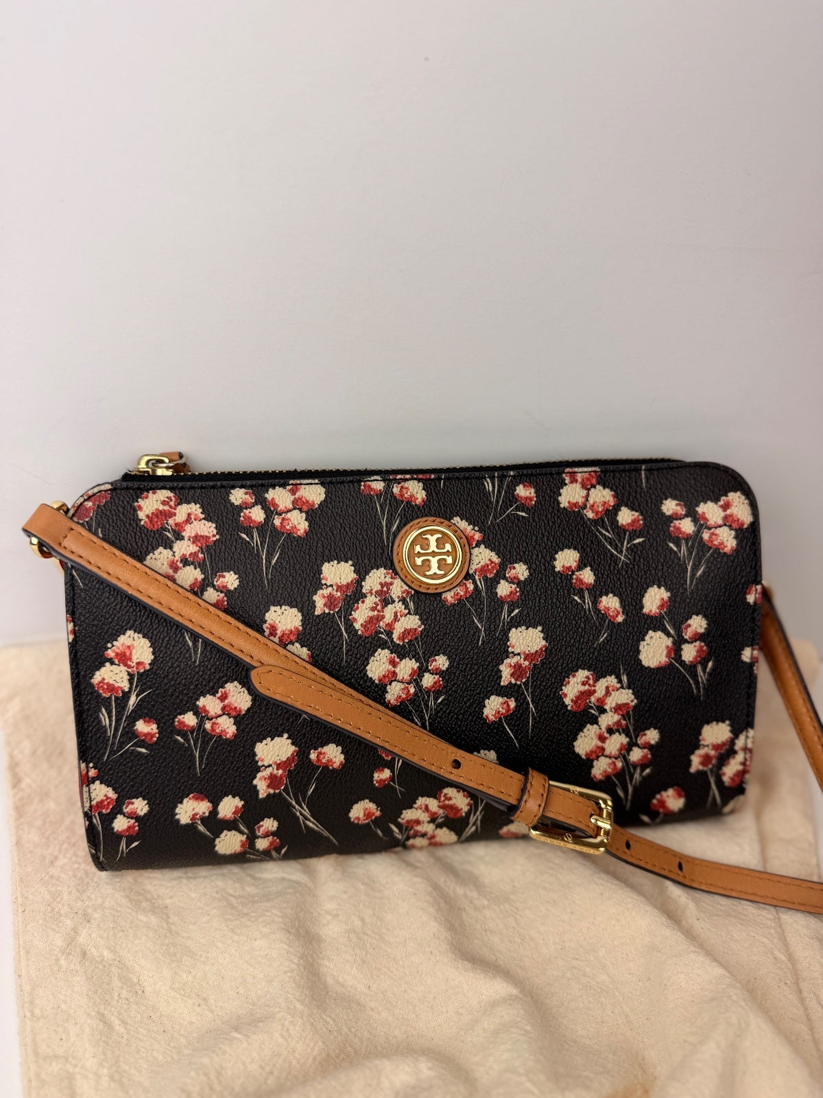 Tory Burch Kerrington Floral Crossbody Bag Black Red Gold Logo PRE-OWNED