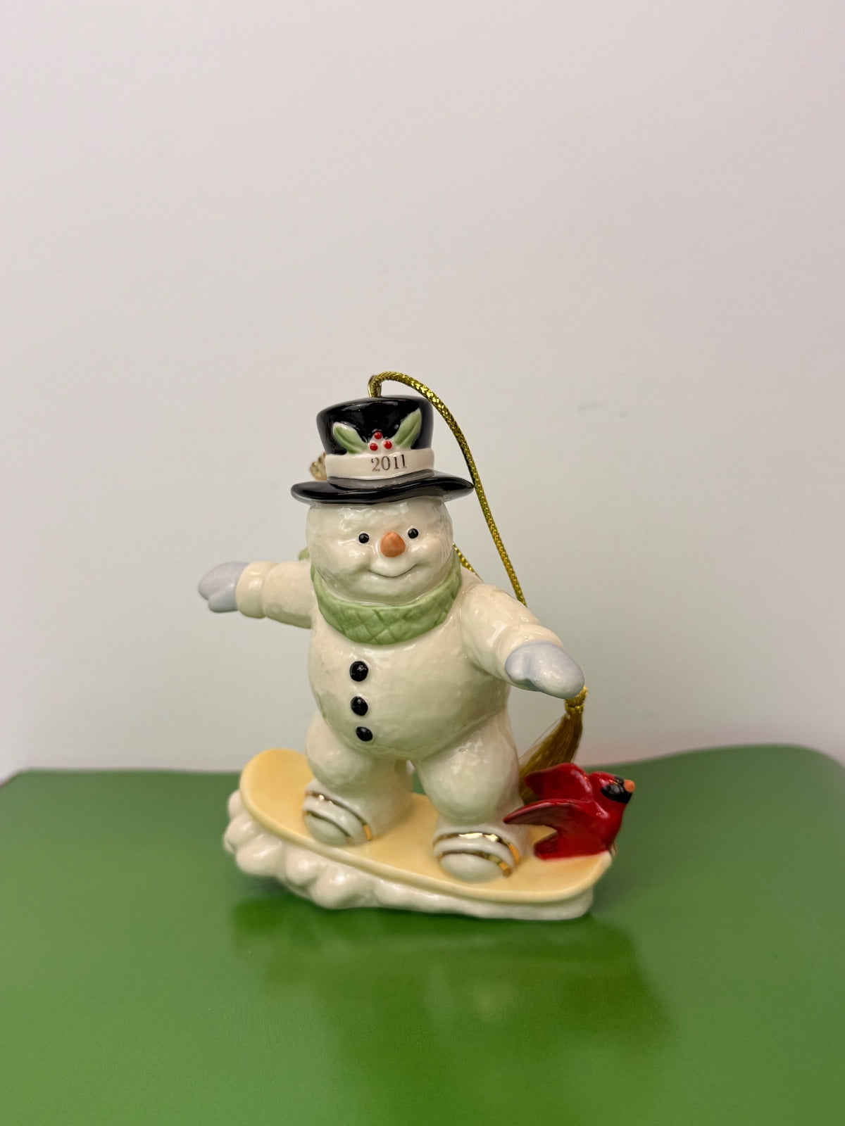 Lenox 2011 Annual Snowman Snowboarding Porcelain Christmas Ornament Cardinal PRE-OWNED