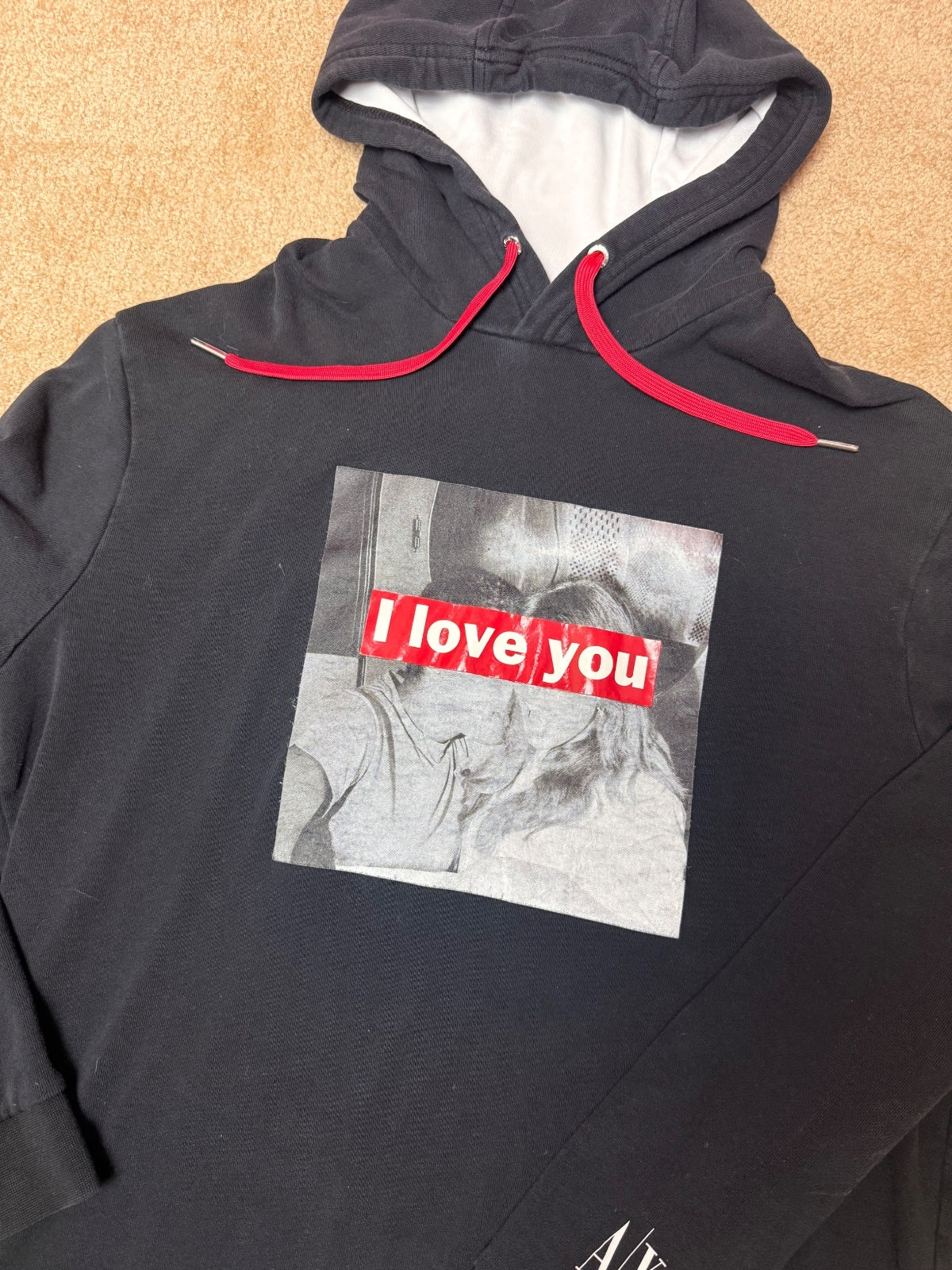 Armani Exchange Unisex M Black Graphic Hoodie Red Drawstring Pullover PRE-OWNED