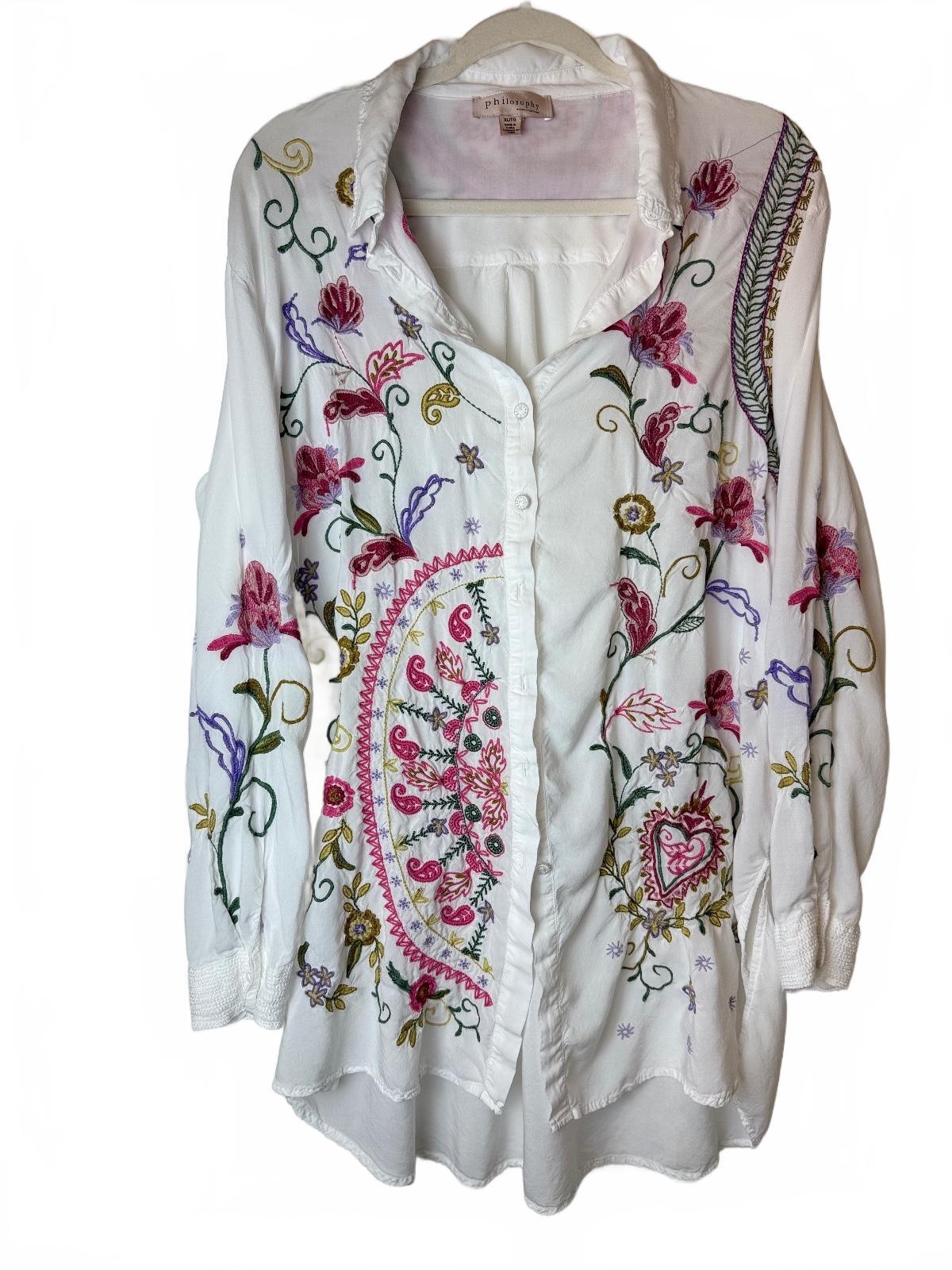 Philosophy Embroidered Boho Floral Tunic Shirt XL 100% Rayon