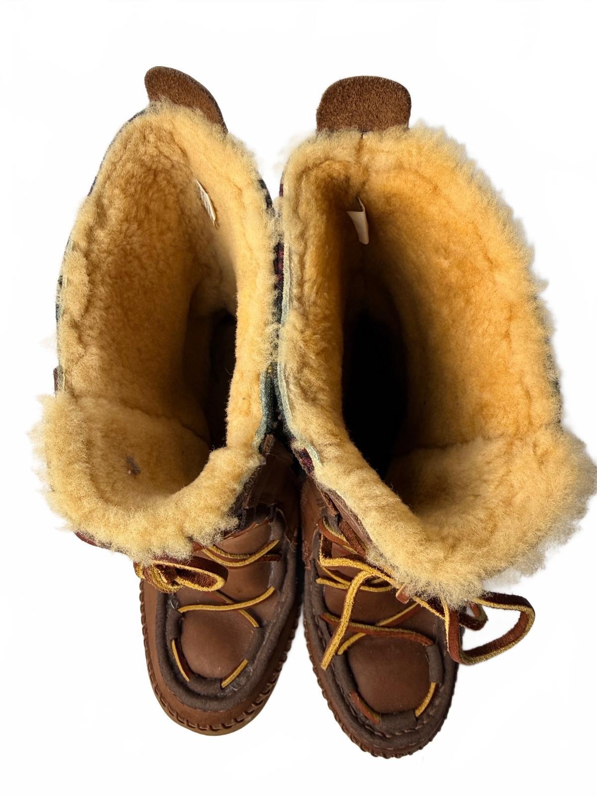 L.L.Bean Wicked Good Lodge Boots 10 M Brown Leather Wool Plaid Shearling Tall