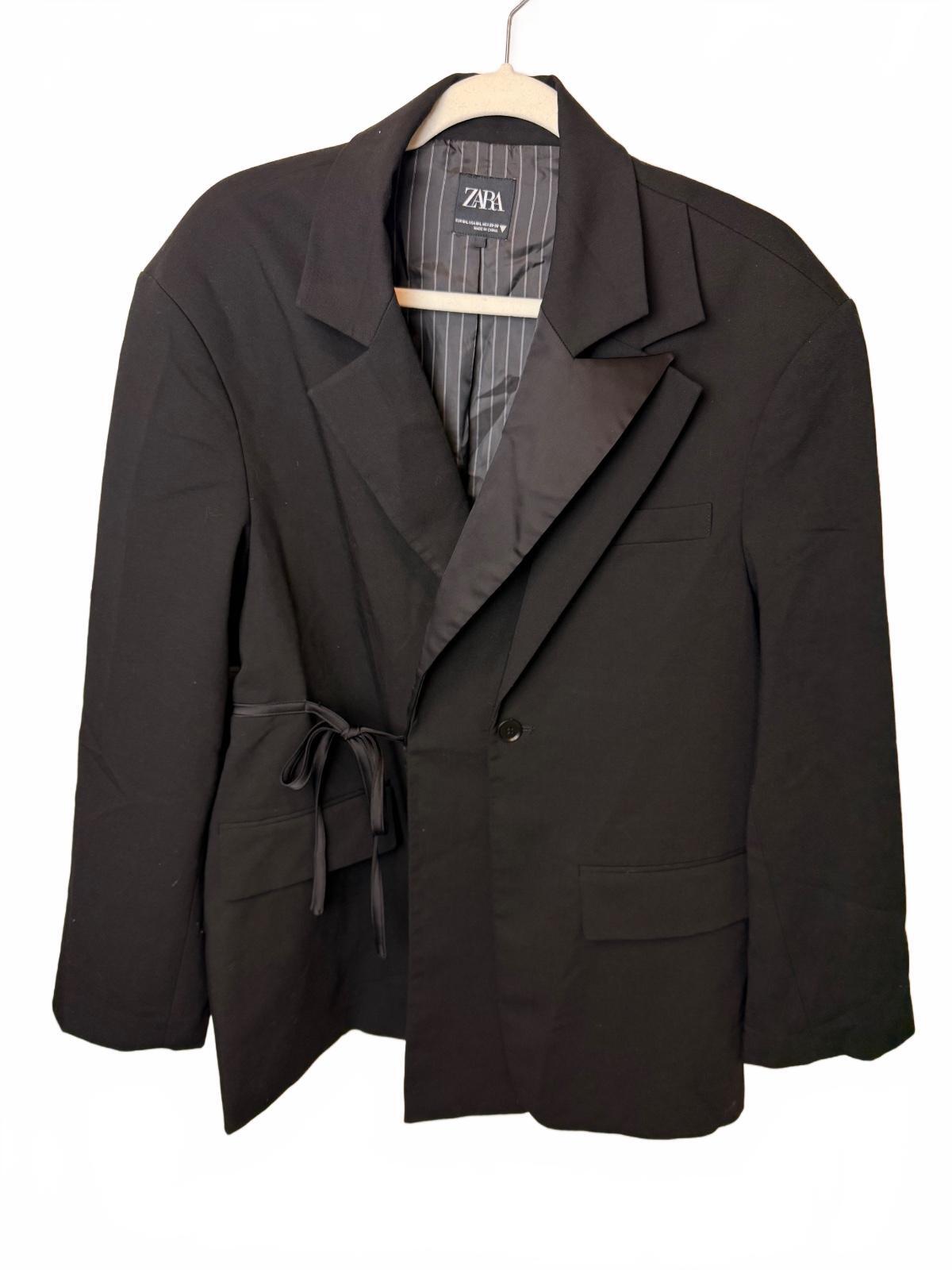 ZARA Black Label Oversized Blazer Double Lapel Tie Waist Black Size M-L PRE-OWNED EXCELLENT