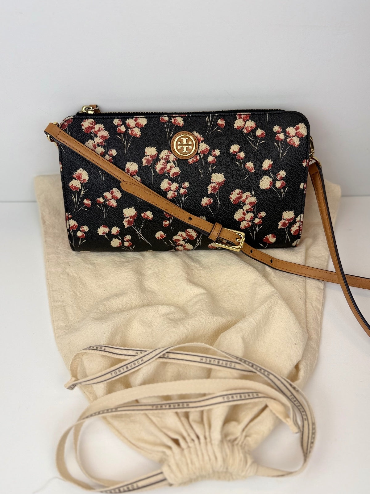 Tory Burch Kerrington Floral Crossbody Bag Black Red Gold Logo PRE-OWNED