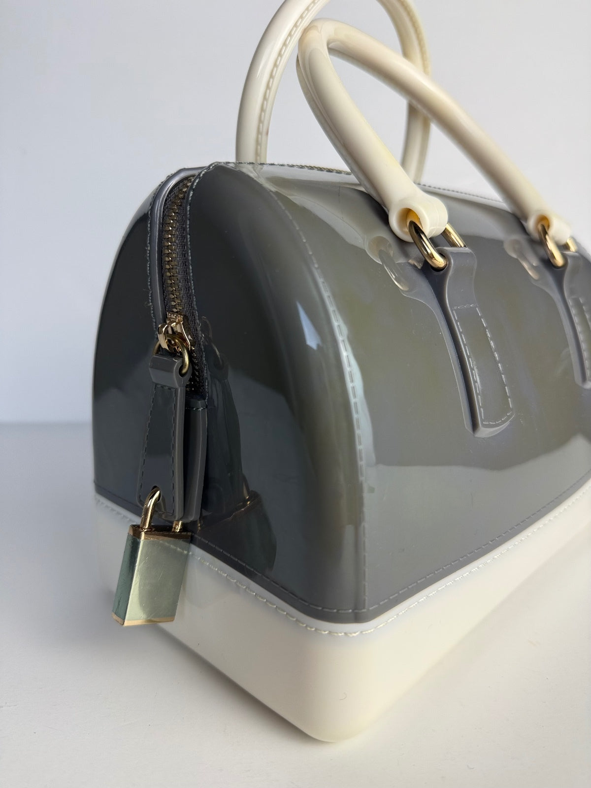 Jelly Candy Bag Gray Ivory Boston Satchel Top Handle Purse Lock Charm Handbag PRE-OWNED