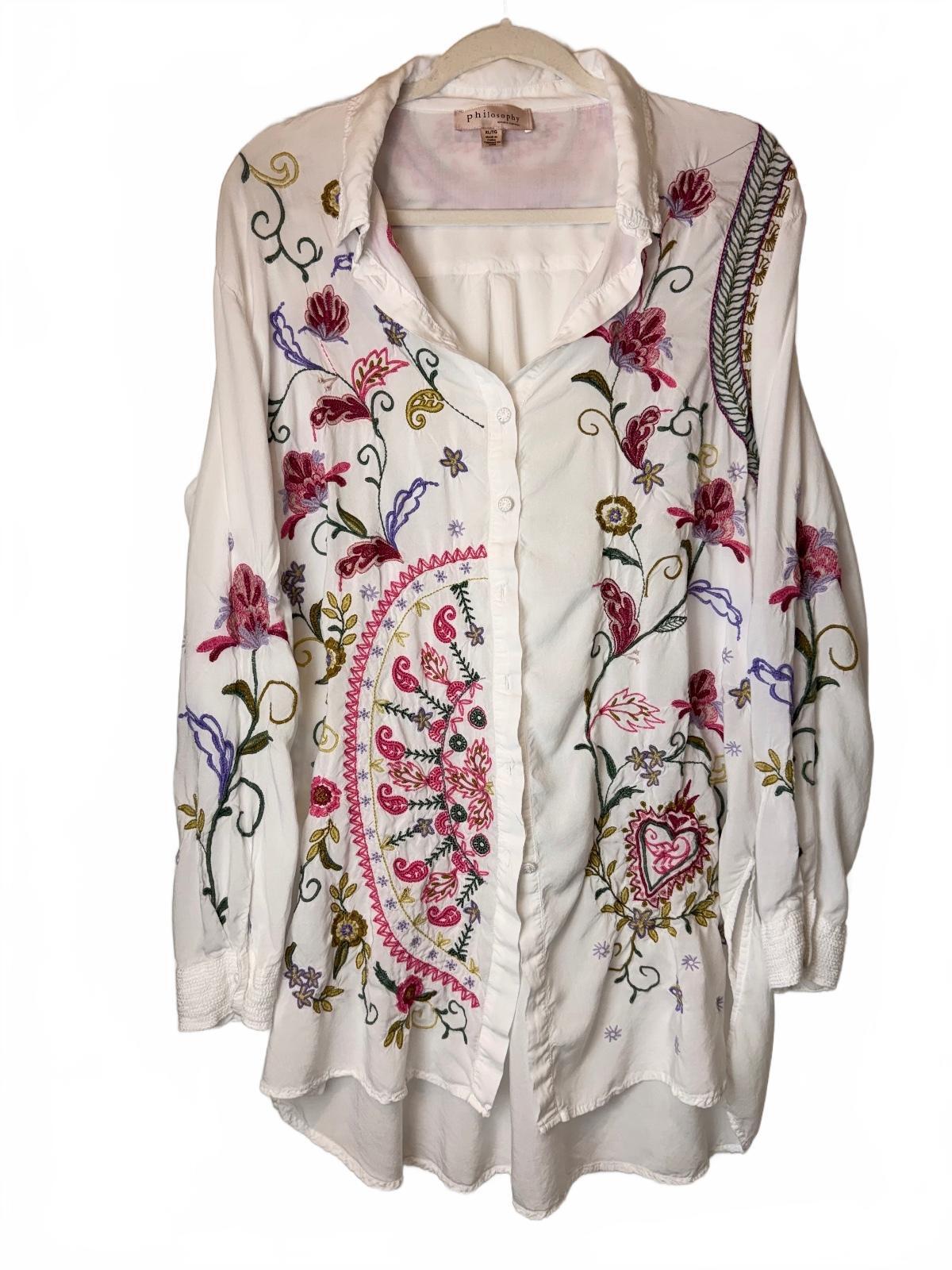 Philosophy Embroidered Boho Floral Tunic Shirt XL 100% Rayon