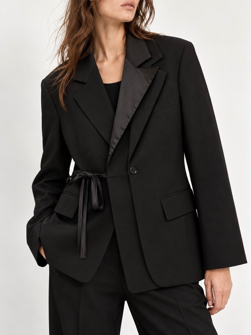 ZARA Black Label Oversized Blazer Double Lapel Tie Waist Black Size M-L PRE-OWNED EXCELLENT