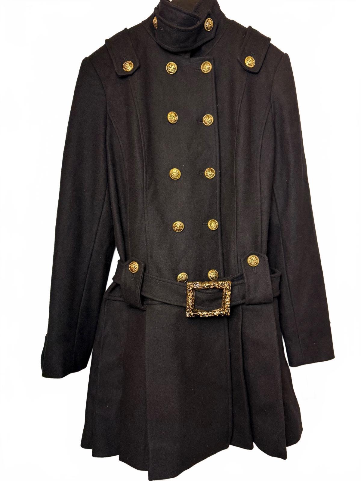 GUESS Y2K Black Wool Blend Military Double Breasted Belted Coat Gold Buttons L