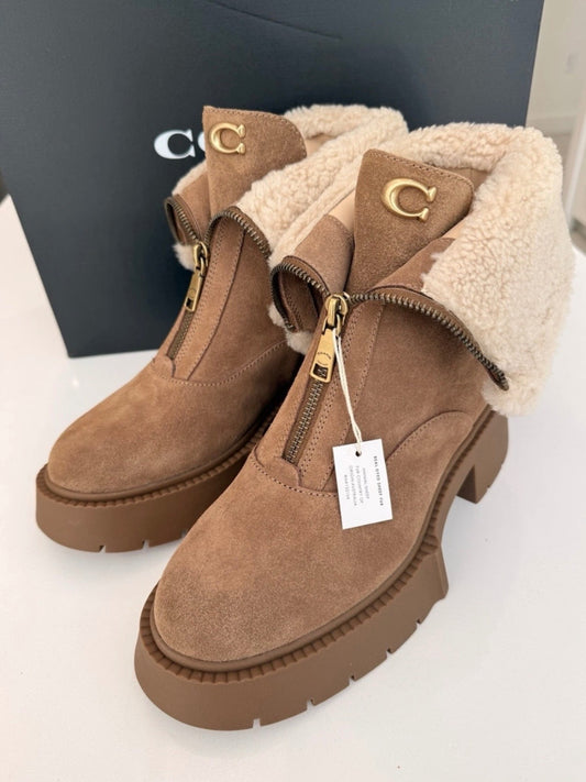 Coach Leah Platform Suede And Shearling Booties - Coconut/Natural Size 8.5 NEW