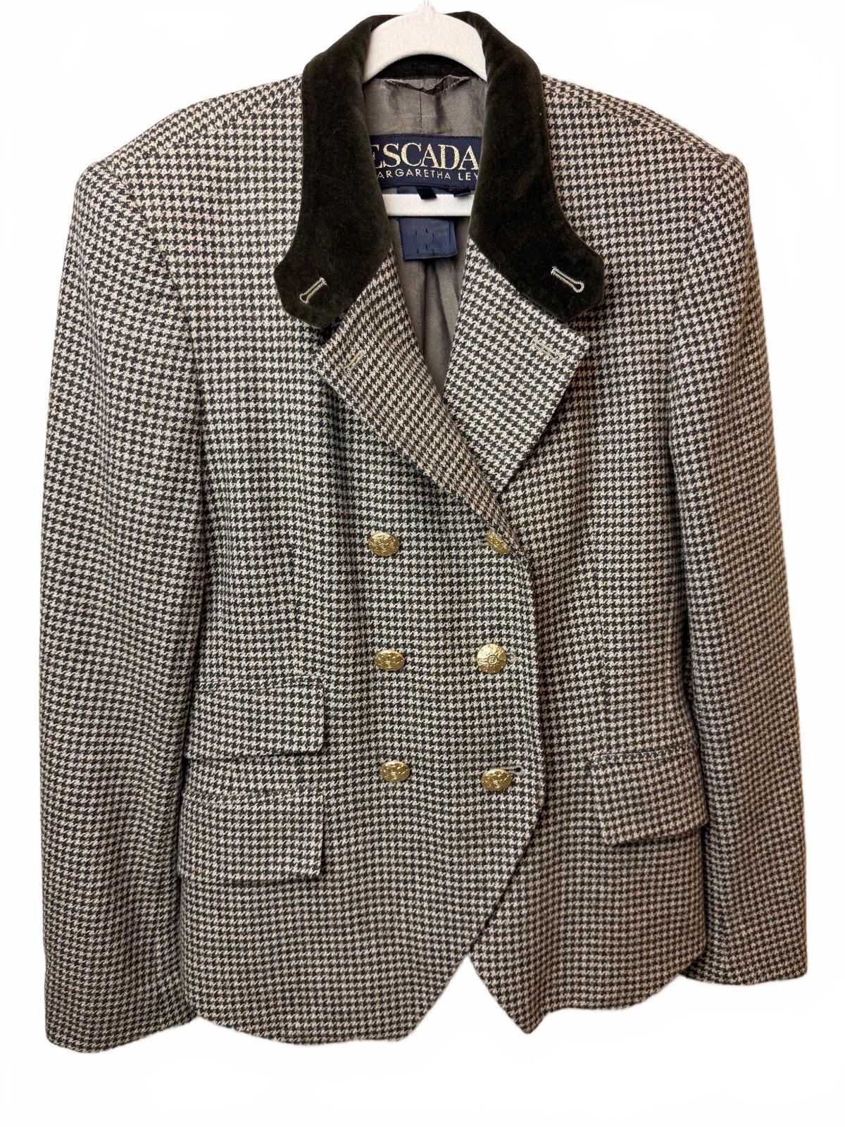 Vintage ESCADA Margaretha Ley Houndstooth Wool Cashmere Blazer Gold Buttons FLAW EU 36