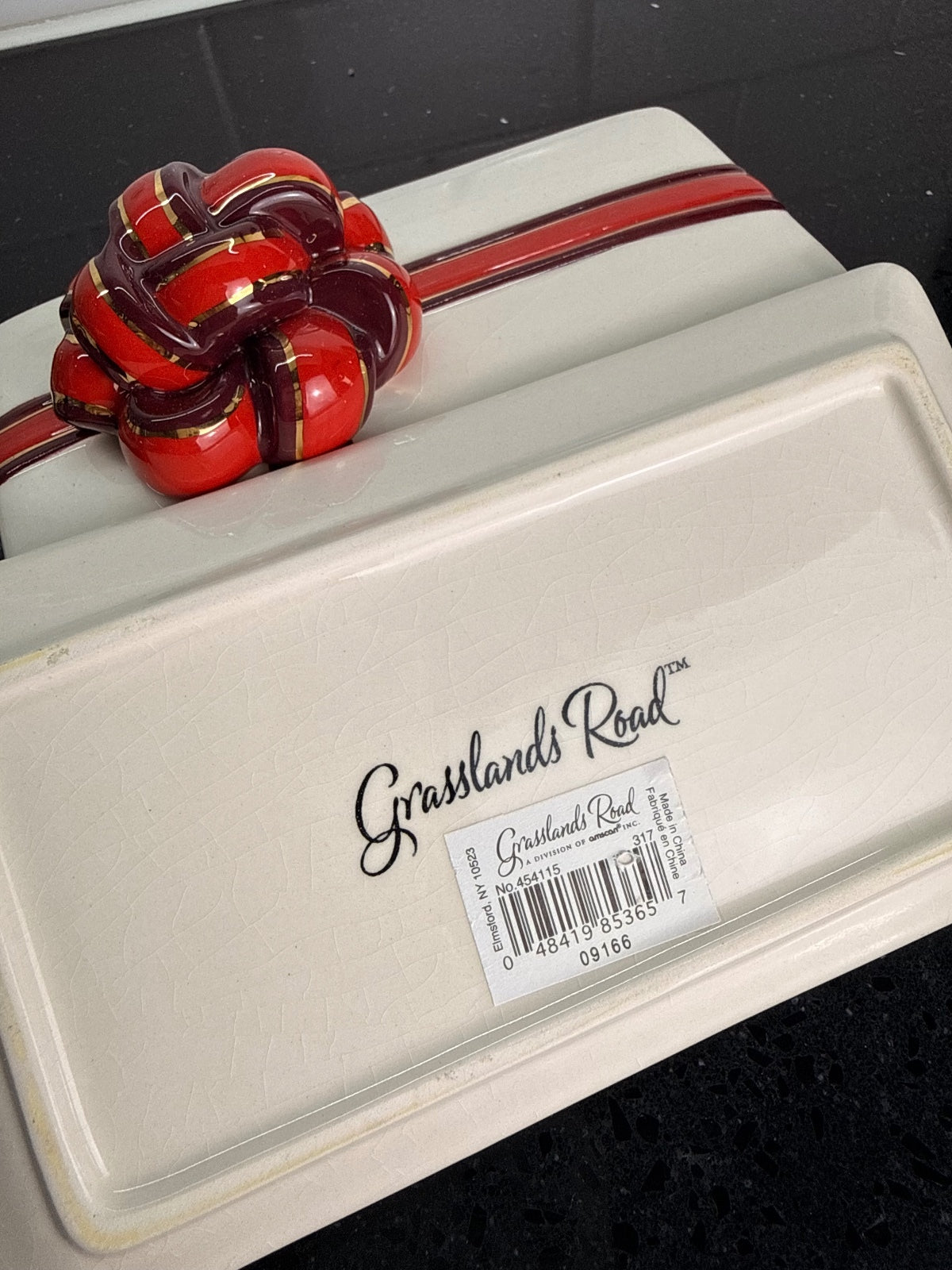 Grasslands Road Retired Christmas Ceramic Butter Dish Red Bow Holiday Decor