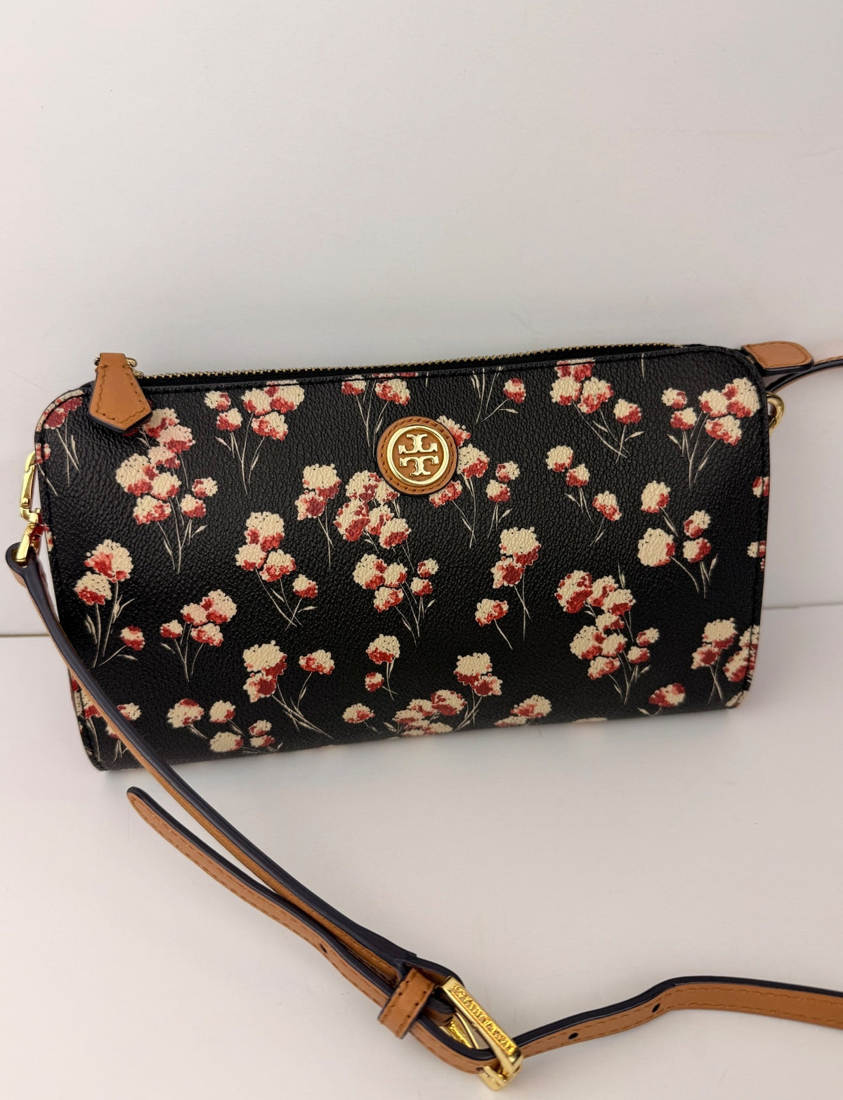 Tory Burch Kerrington Floral Crossbody Bag Black Red Gold Logo PRE-OWNED