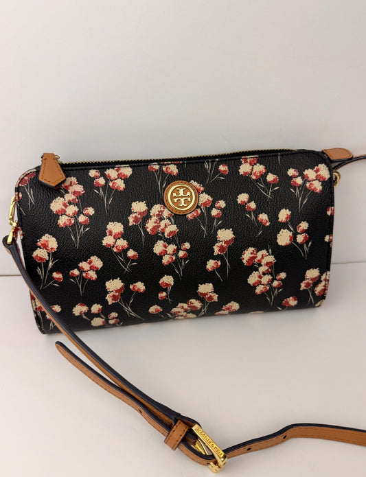 Tory Burch Kerrington Floral Crossbody Bag Black Red Gold Logo PRE-OWNED